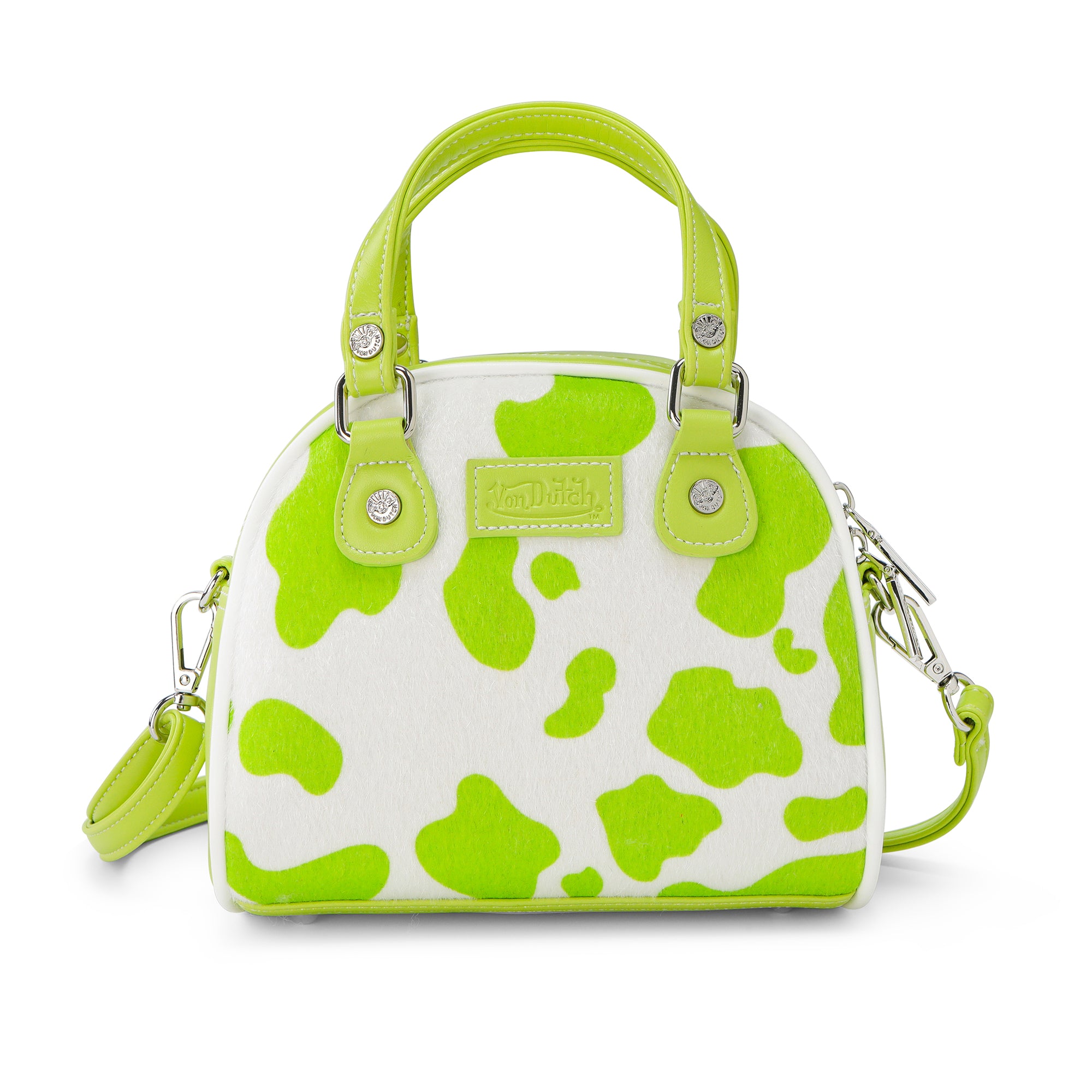 Von Dutch Lime Green Cow Print Vegan Pony Hair Bowling Bag - Image 4