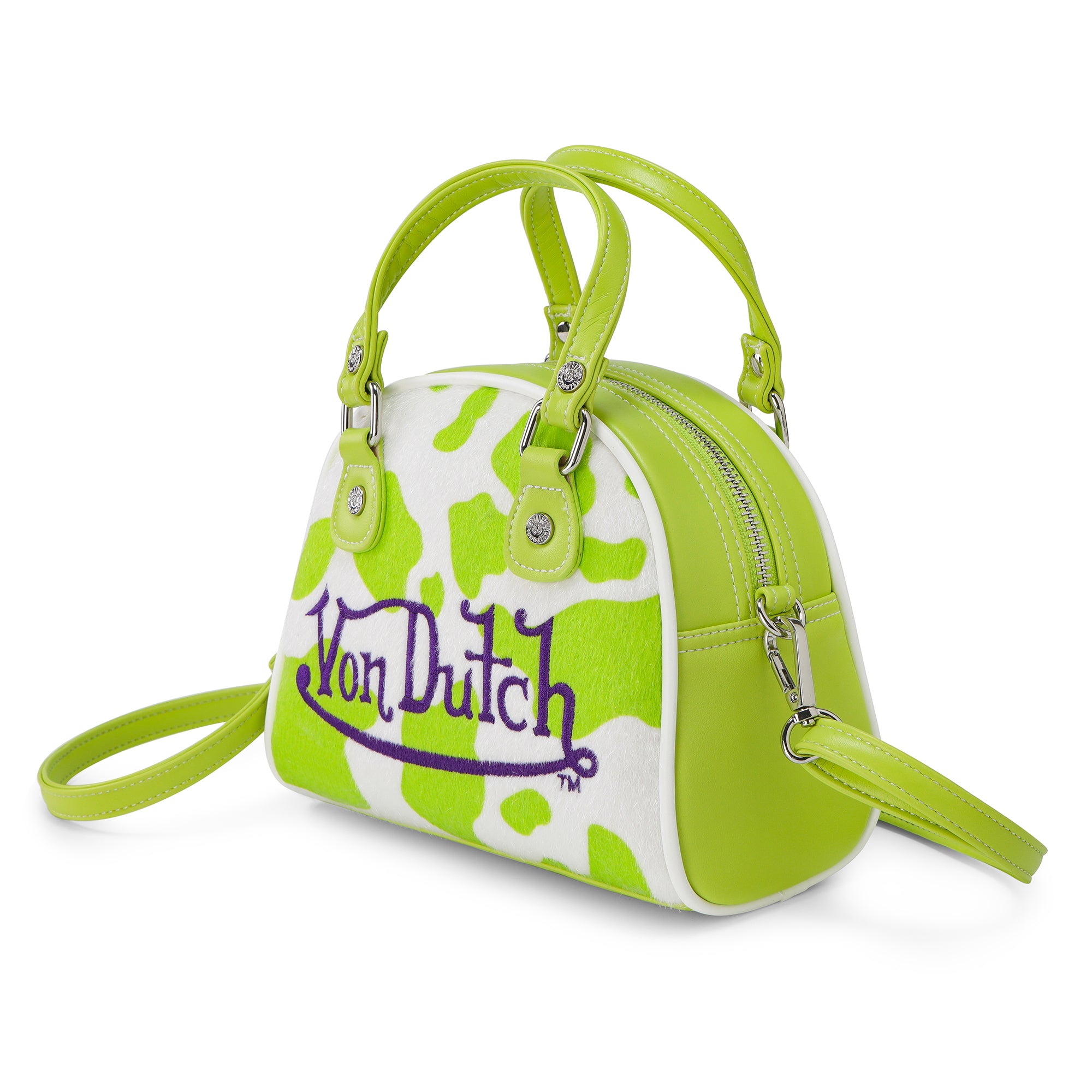 Von Dutch Lime Green Cow Print Vegan Pony Hair Bowling Bag - Image 2