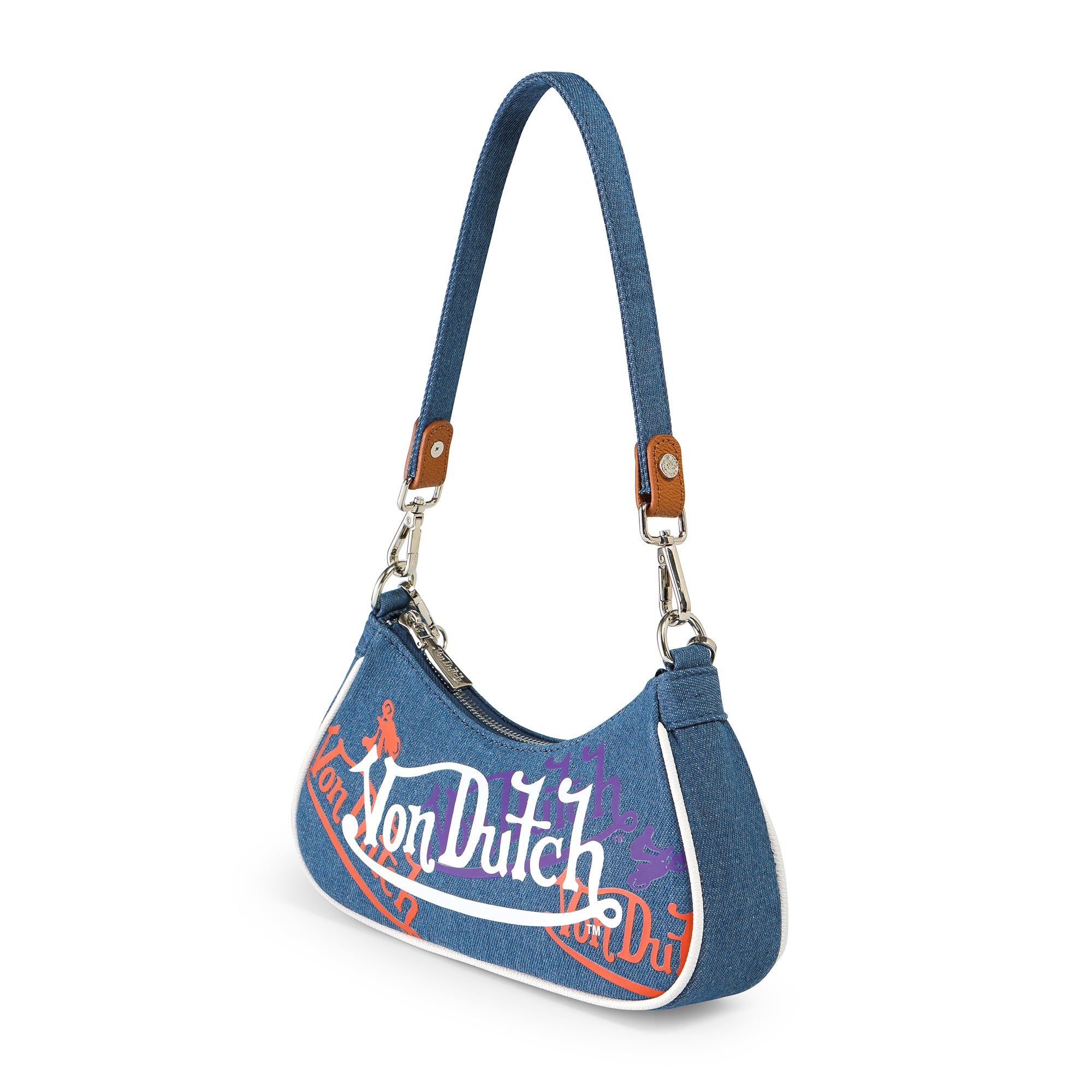 Von Dutch Orange & Purple Multi-Logo Denim Shoulder Bag - Image 3