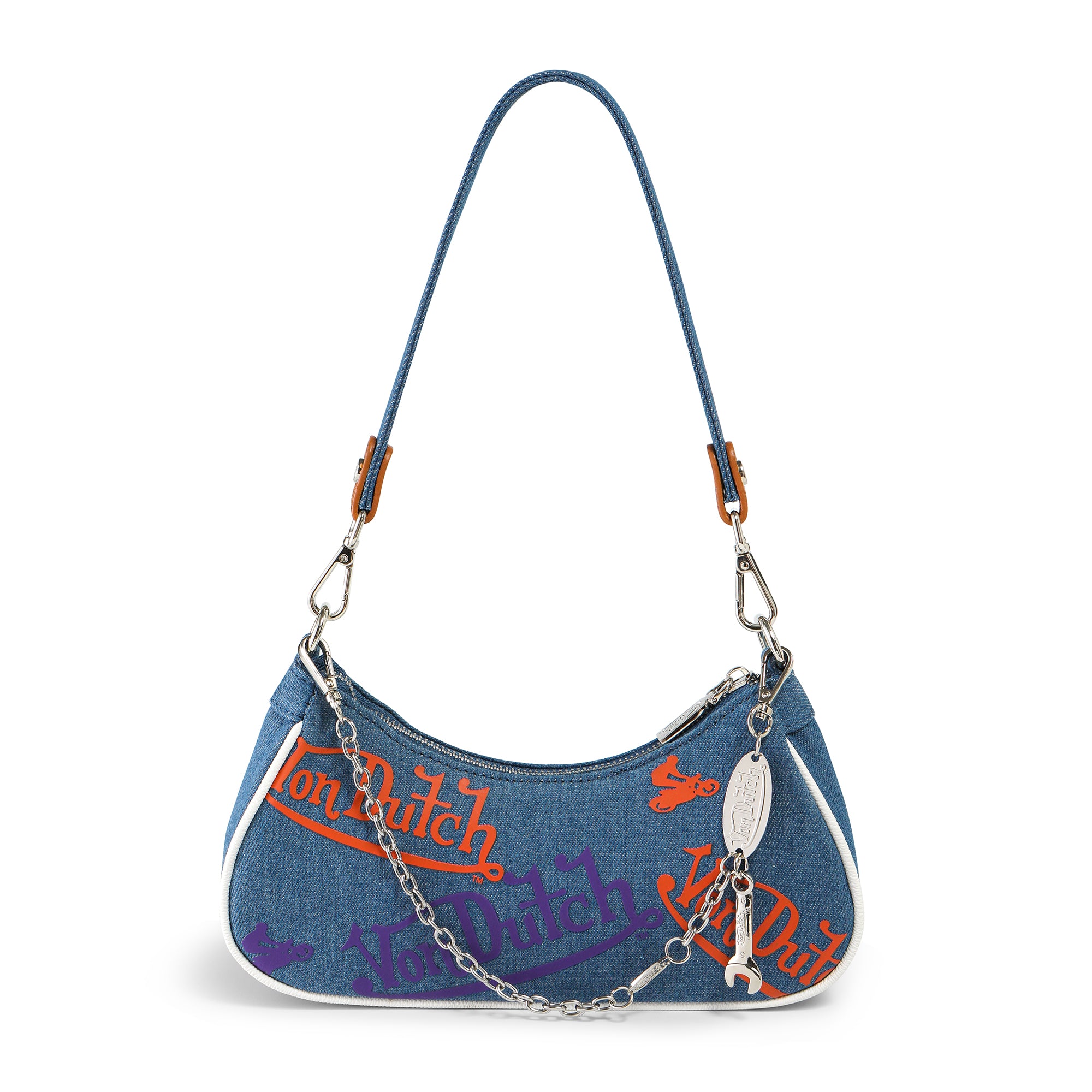 Von Dutch Orange & Purple Multi-Logo Denim Shoulder Bag - Image 2