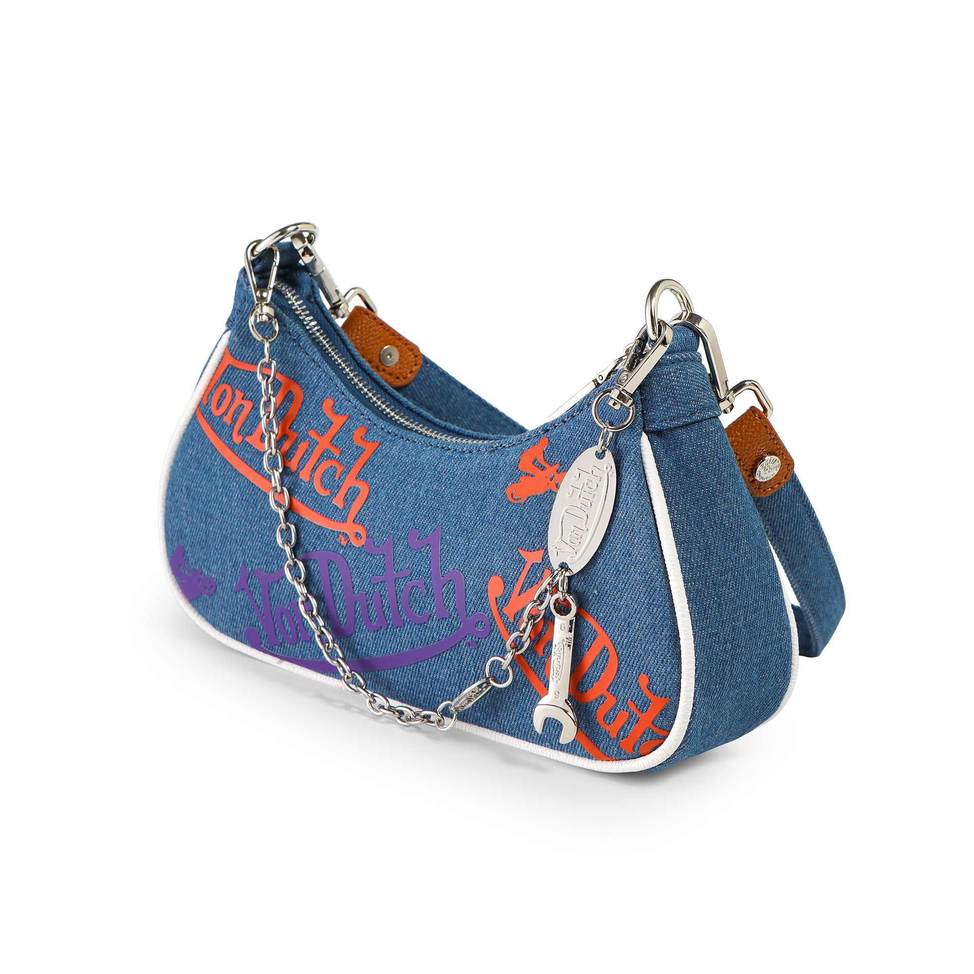 Von Dutch Orange & Purple Multi-Logo Denim Shoulder Bag - Image 4