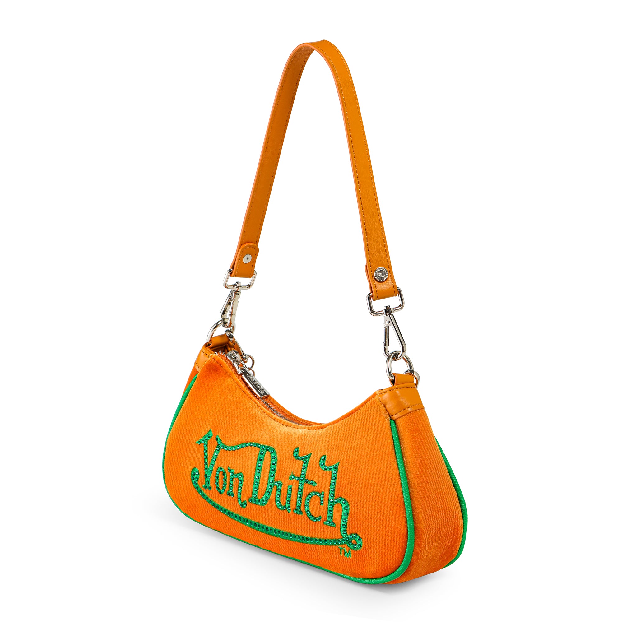 Von Dutch Orange & Green Rhinestone Velvet Shoulder Bag - Image 3