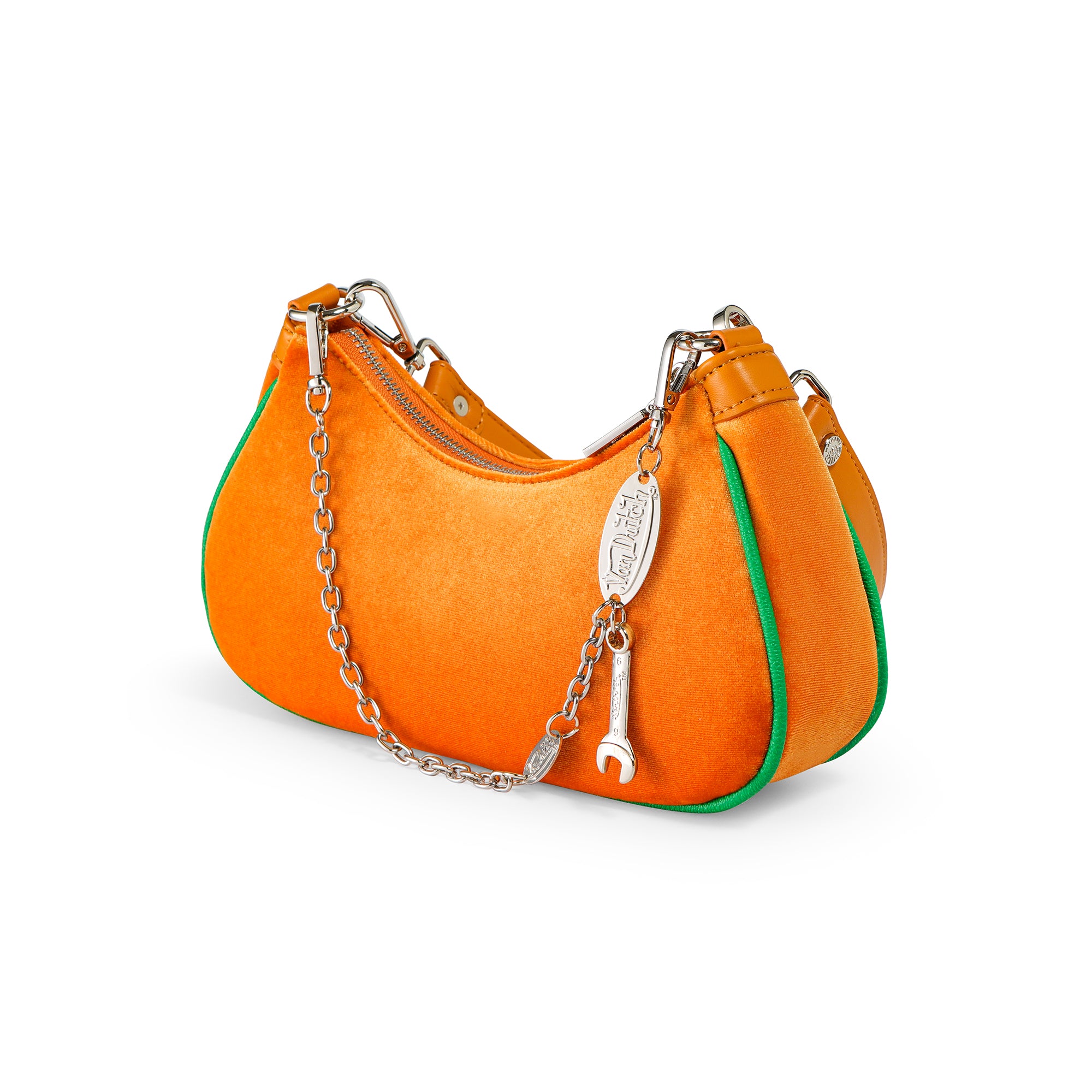 Von Dutch Orange & Green Rhinestone Velvet Shoulder Bag - Image 4