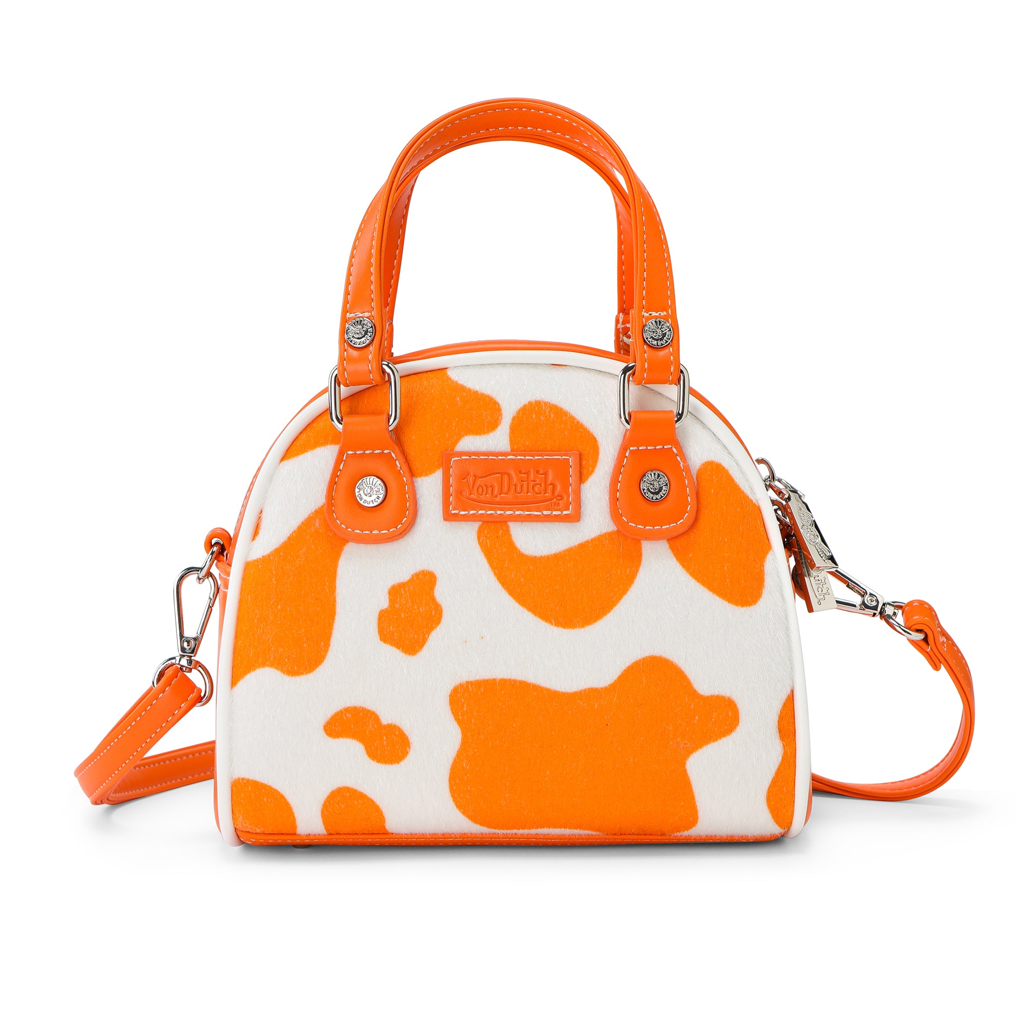Von Dutch Orange Cow Print Vegan Pony Hair Bowling Bag - Image 4