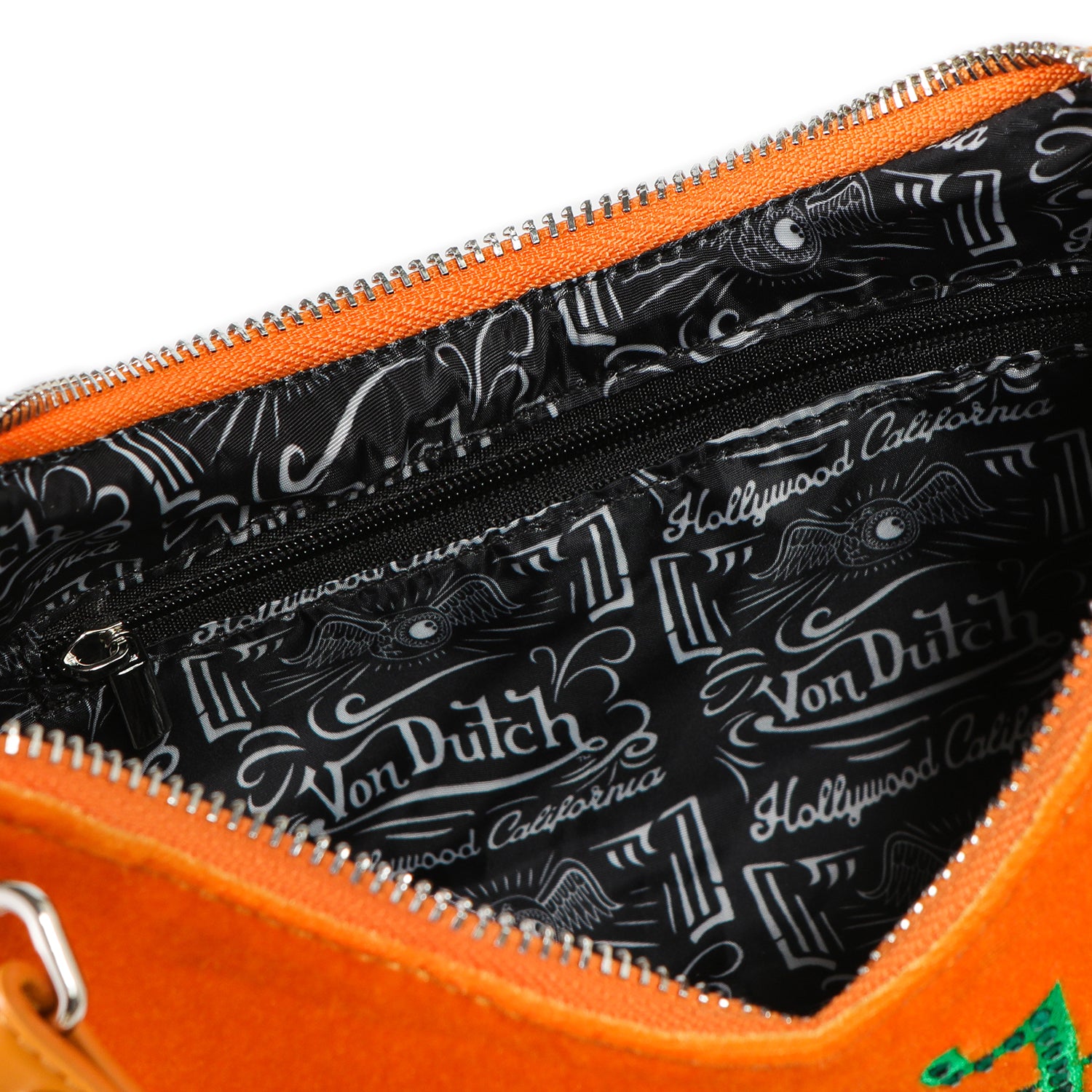 Von Dutch Orange & Green Rhinestone Velvet Shoulder Bag - Image 5