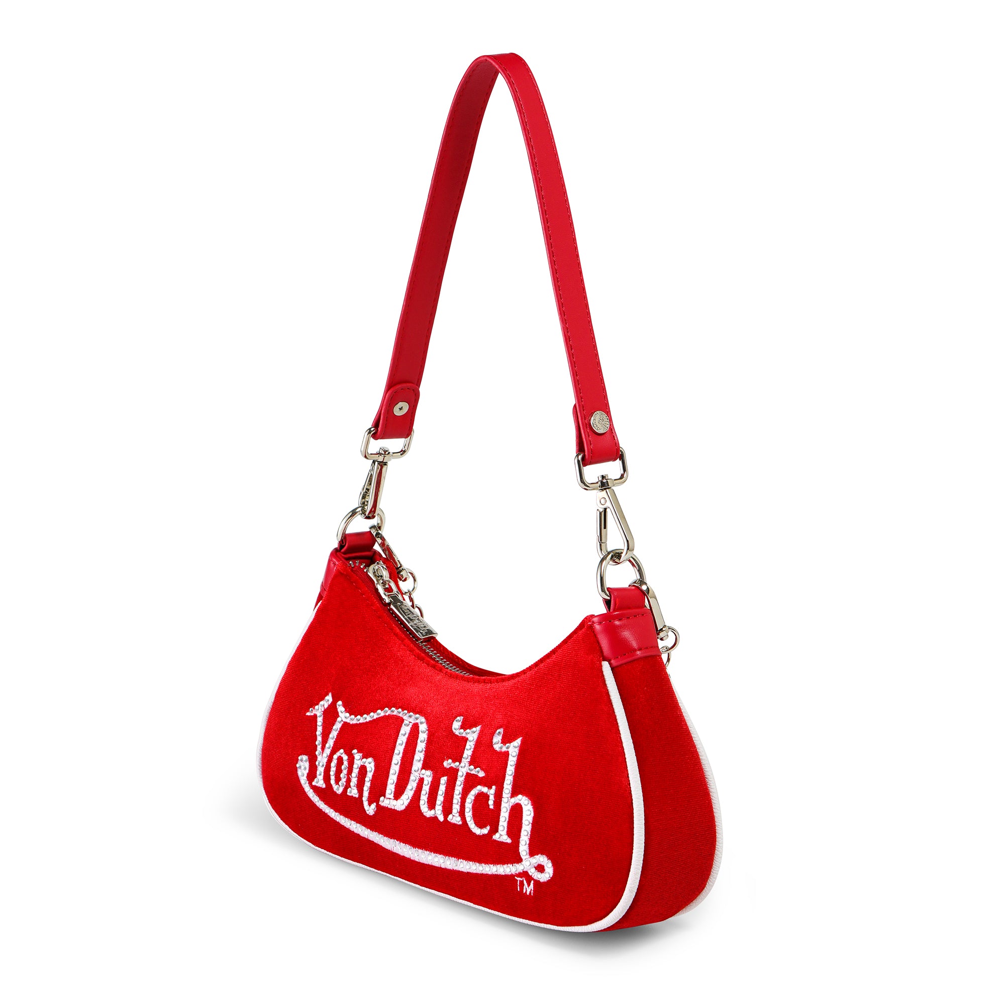 Von Dutch Red & White Rhinestone Velvet Shoulder Bag - Image 3