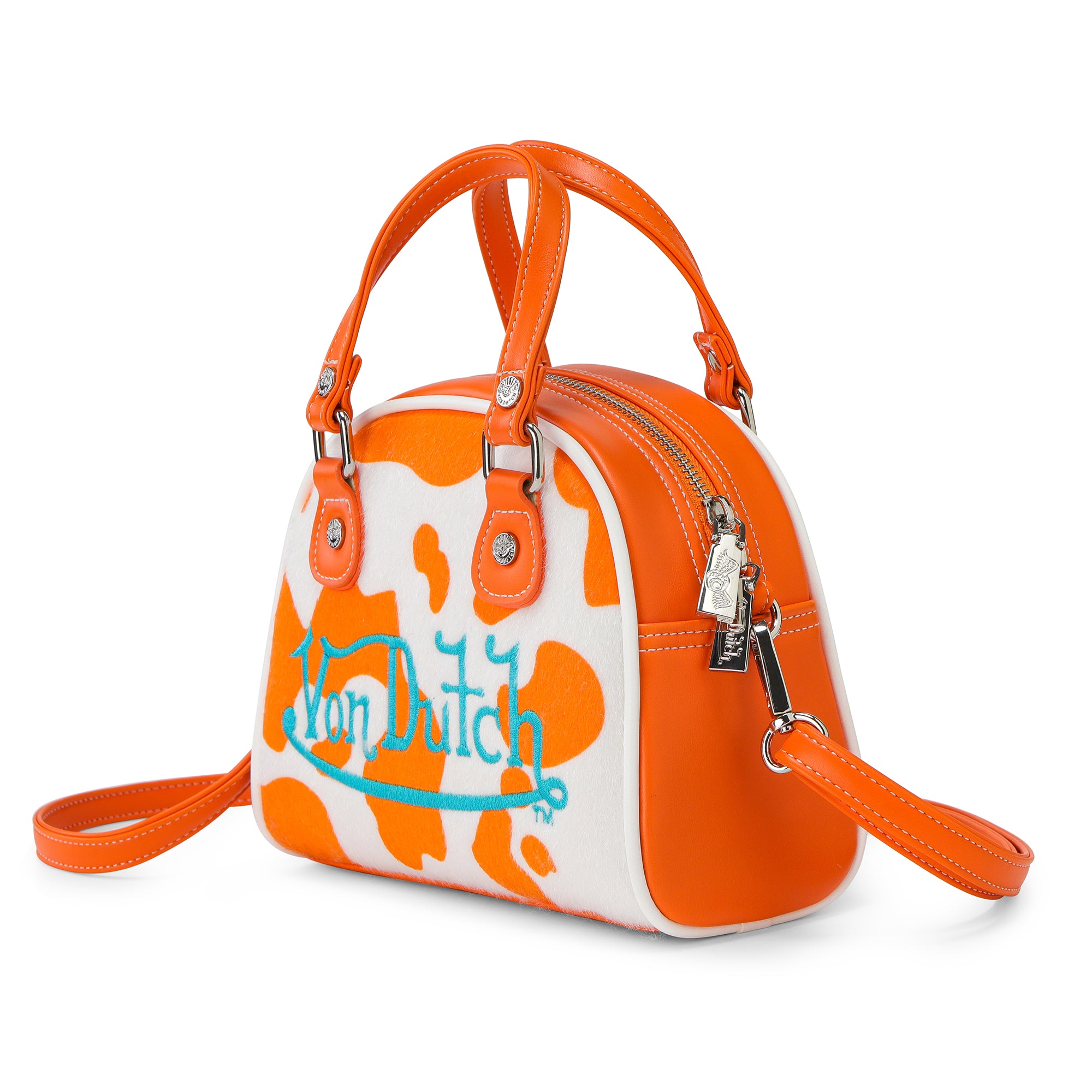 Von Dutch Orange Cow Print Vegan Pony Hair Bowling Bag - Image 2