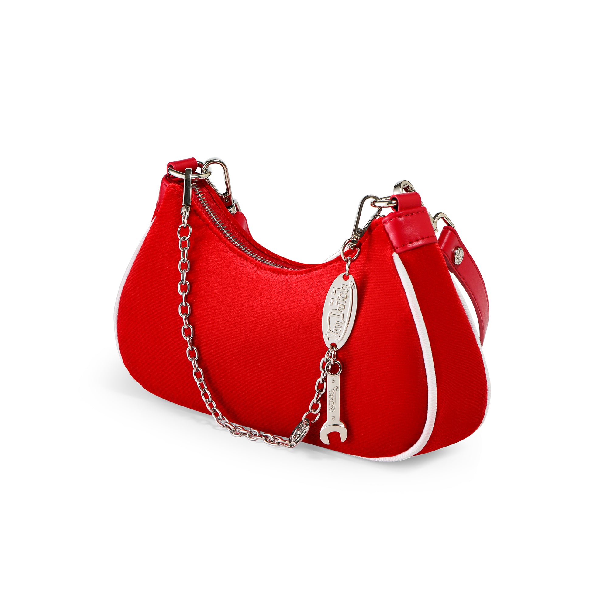 Von Dutch Red & White Rhinestone Velvet Shoulder Bag - Image 4