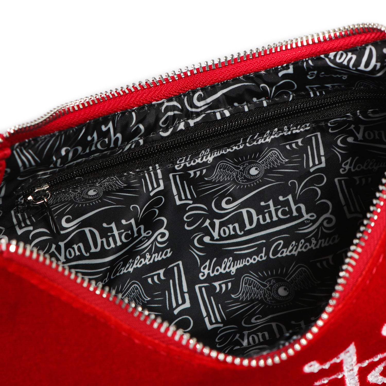 Von Dutch Red & White Rhinestone Velvet Shoulder Bag - Image 5
