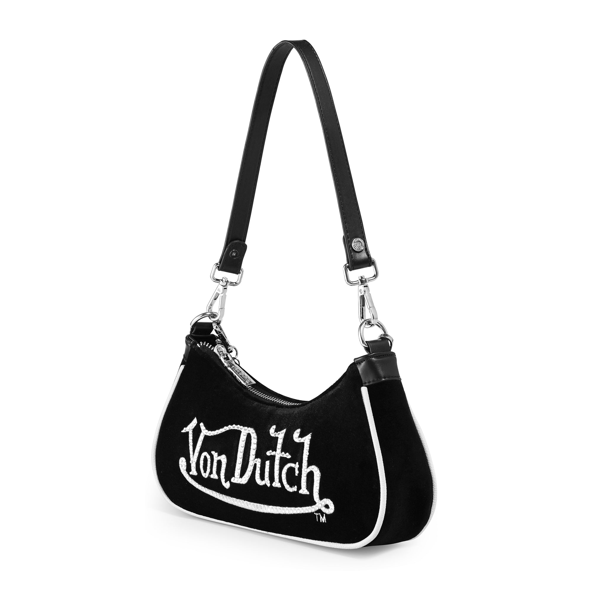 Von Dutch Black & White Rhinestone Velvet Shoulder Bag - Image 3