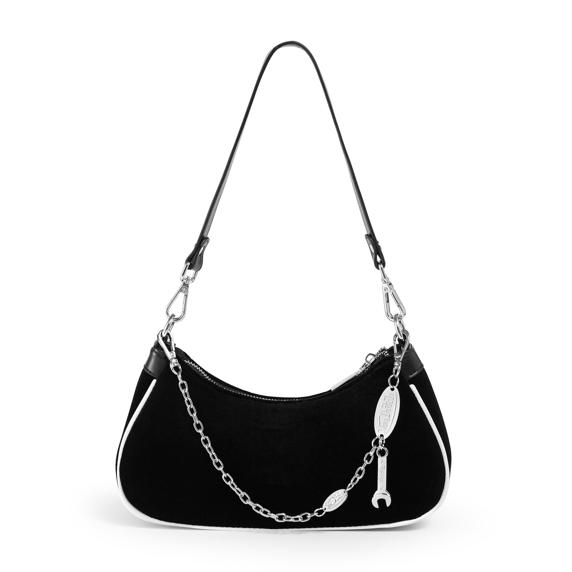 Von Dutch Black & White Rhinestone Velvet Shoulder Bag - Image 2