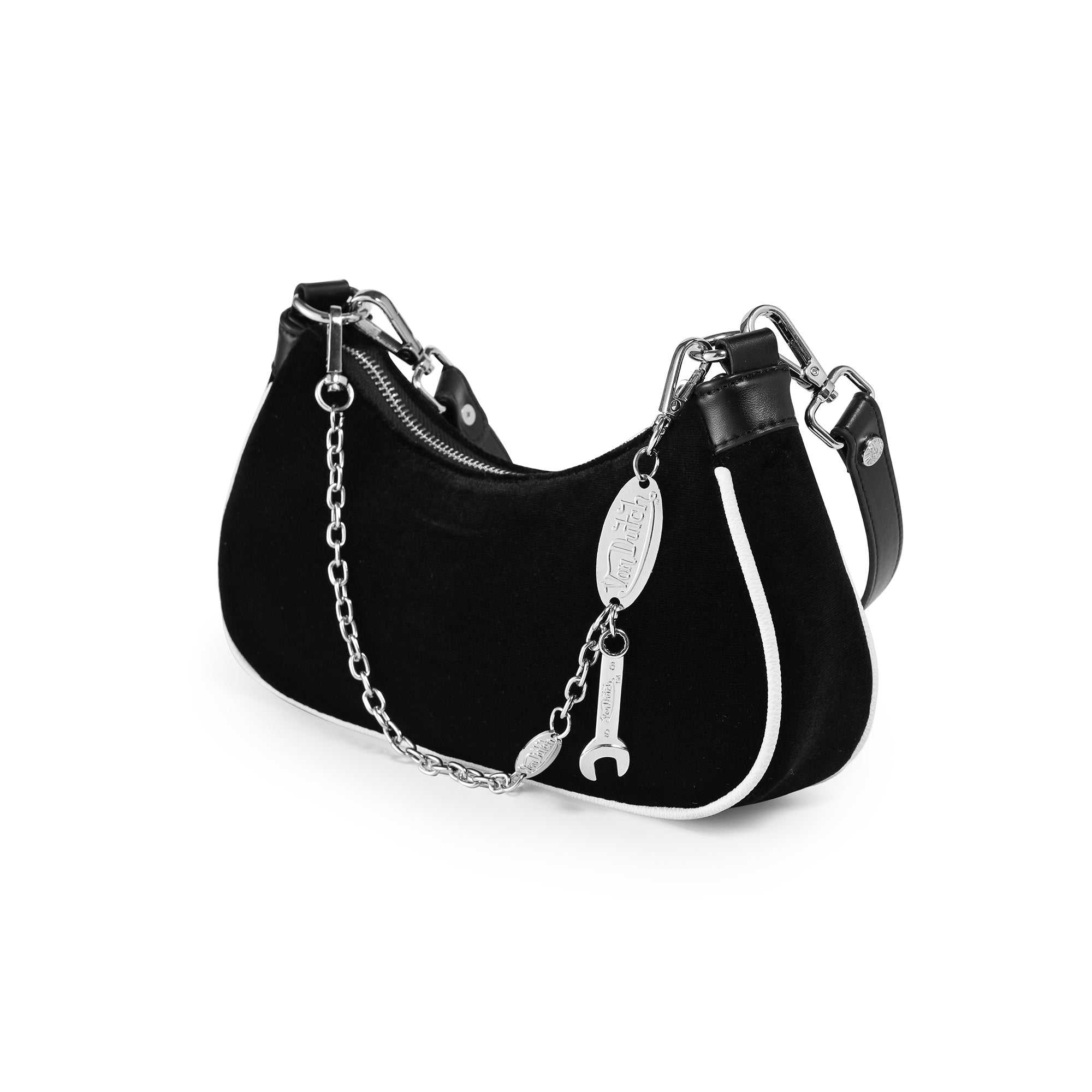 Von Dutch Black & White Rhinestone Velvet Shoulder Bag - Image 4