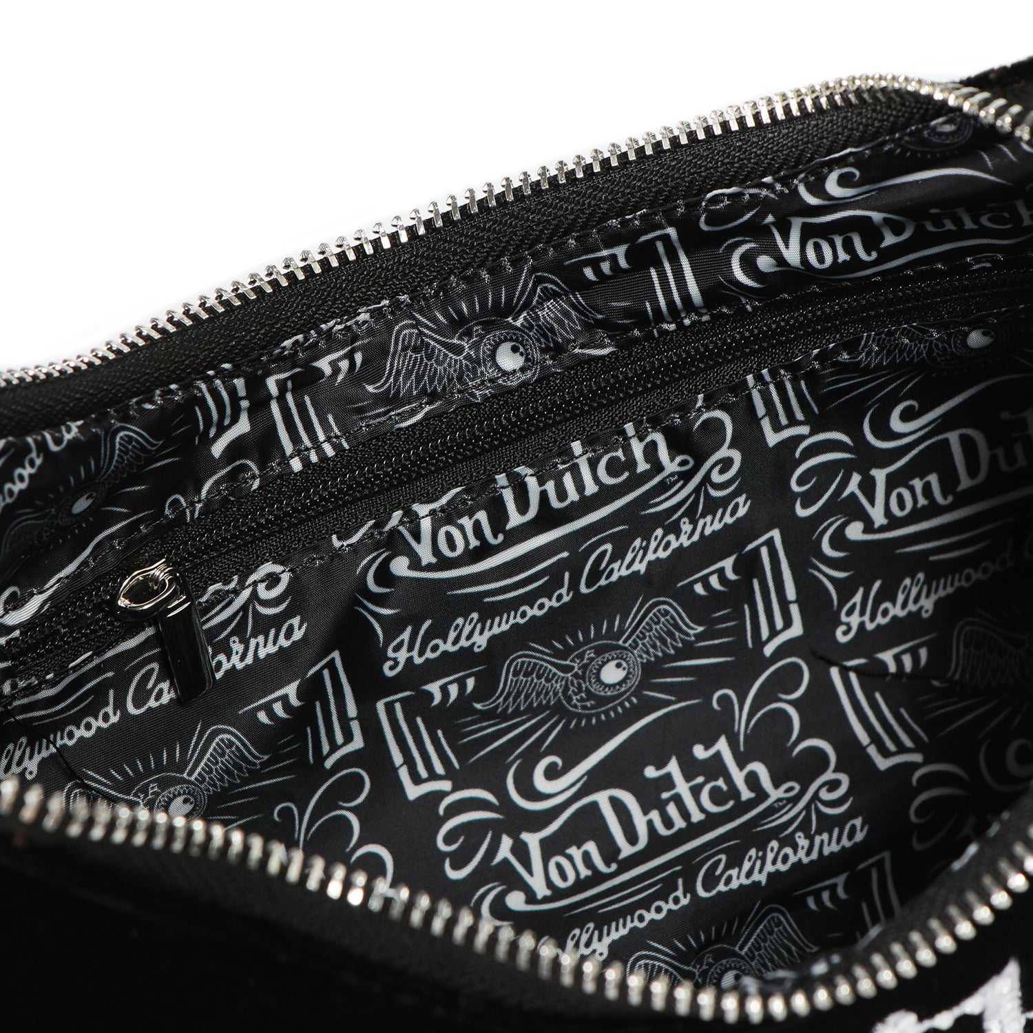 Von Dutch Black & White Rhinestone Velvet Shoulder Bag - Image 5