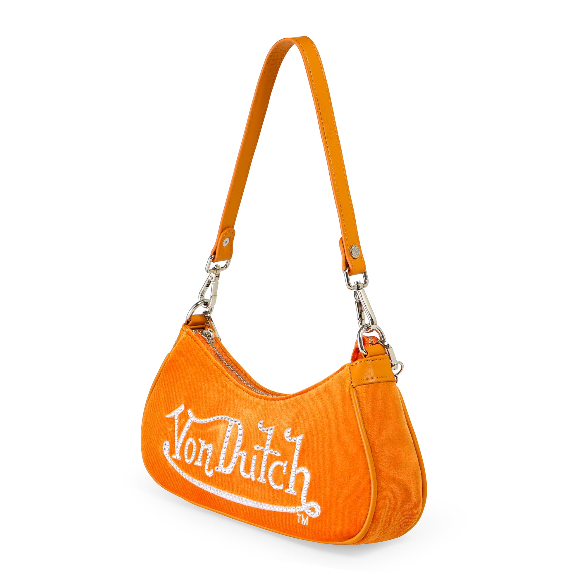 Von Dutch Orange & White Rhinestone Velvet Shoulder Bag - Image 3