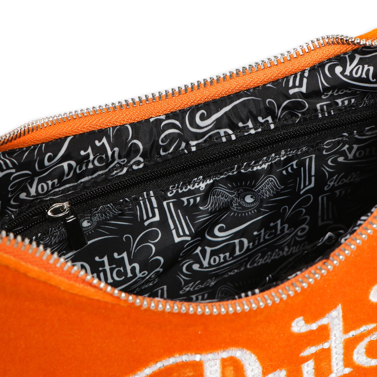 Von Dutch Orange & White Rhinestone Velvet Shoulder Bag - Image 5