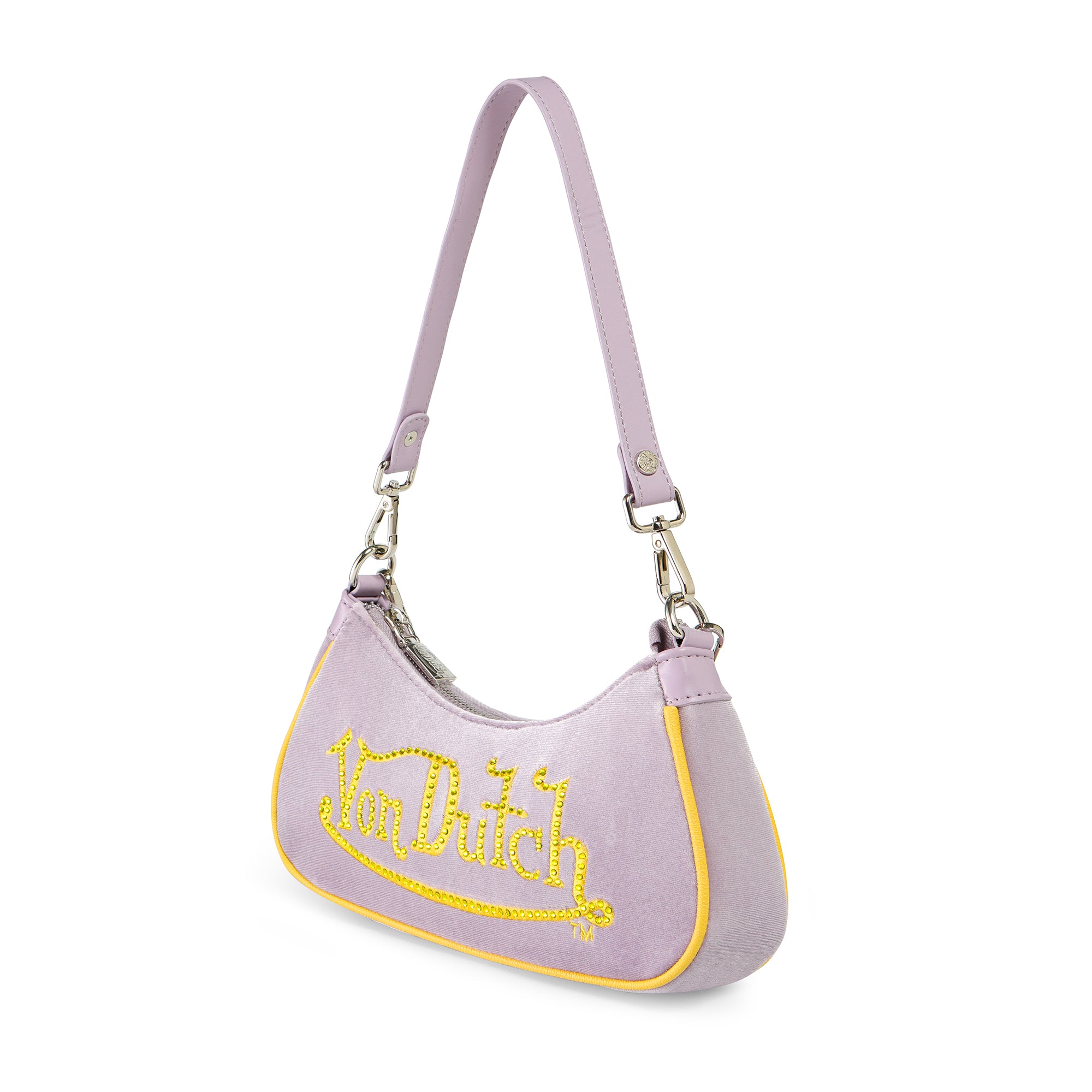 Von Dutch Purple & Gold Rhinestone Velvet Shoulder Bag - Image 3