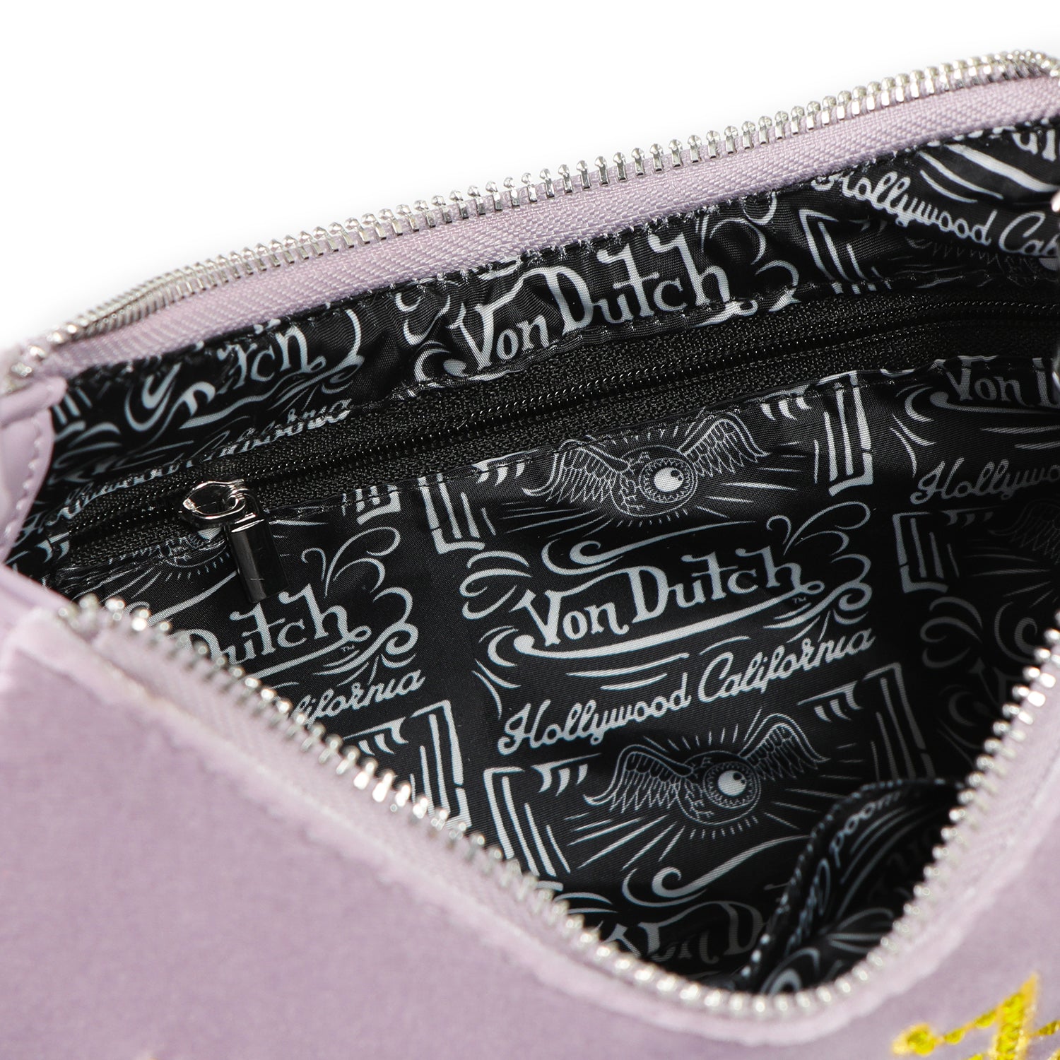 Von Dutch Purple & Gold Rhinestone Velvet Shoulder Bag - Image 5