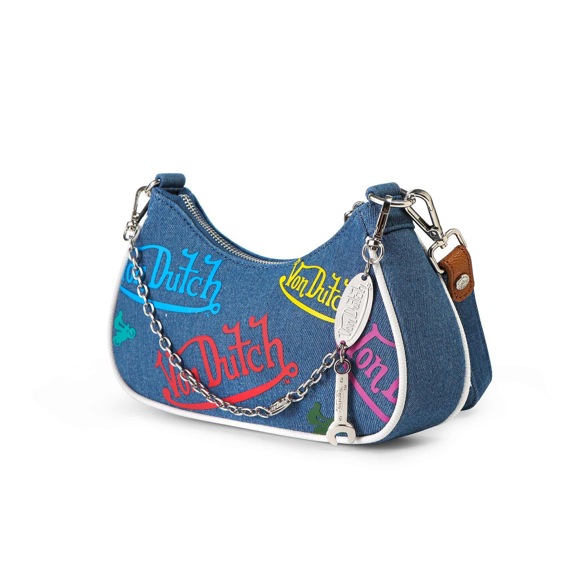 Von Dutch Green & Yellow Multi-Logo Denim Shoulder Bag - Image 5