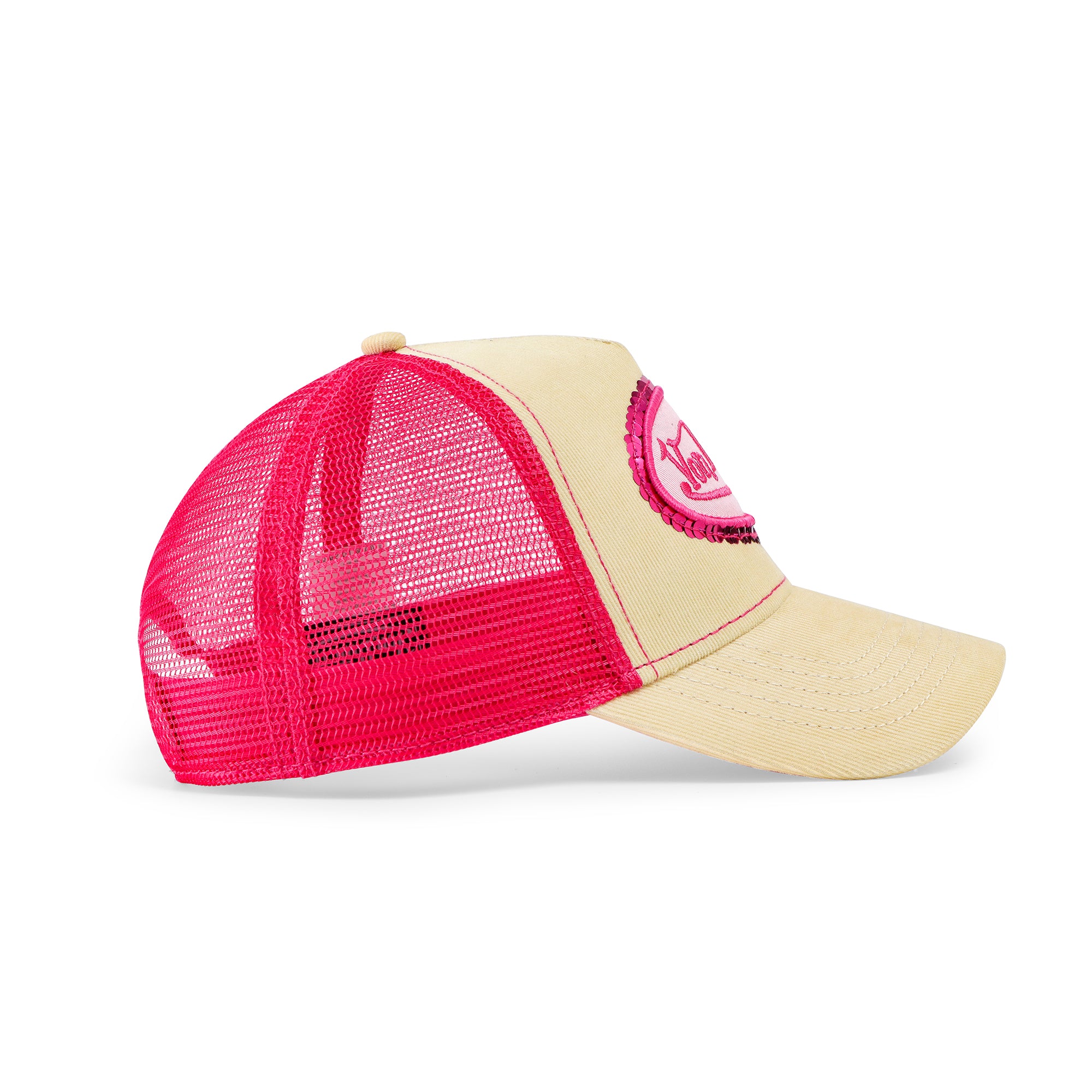 Von Dutch Pink Sequin on Beige Trucker Hat - Image 3