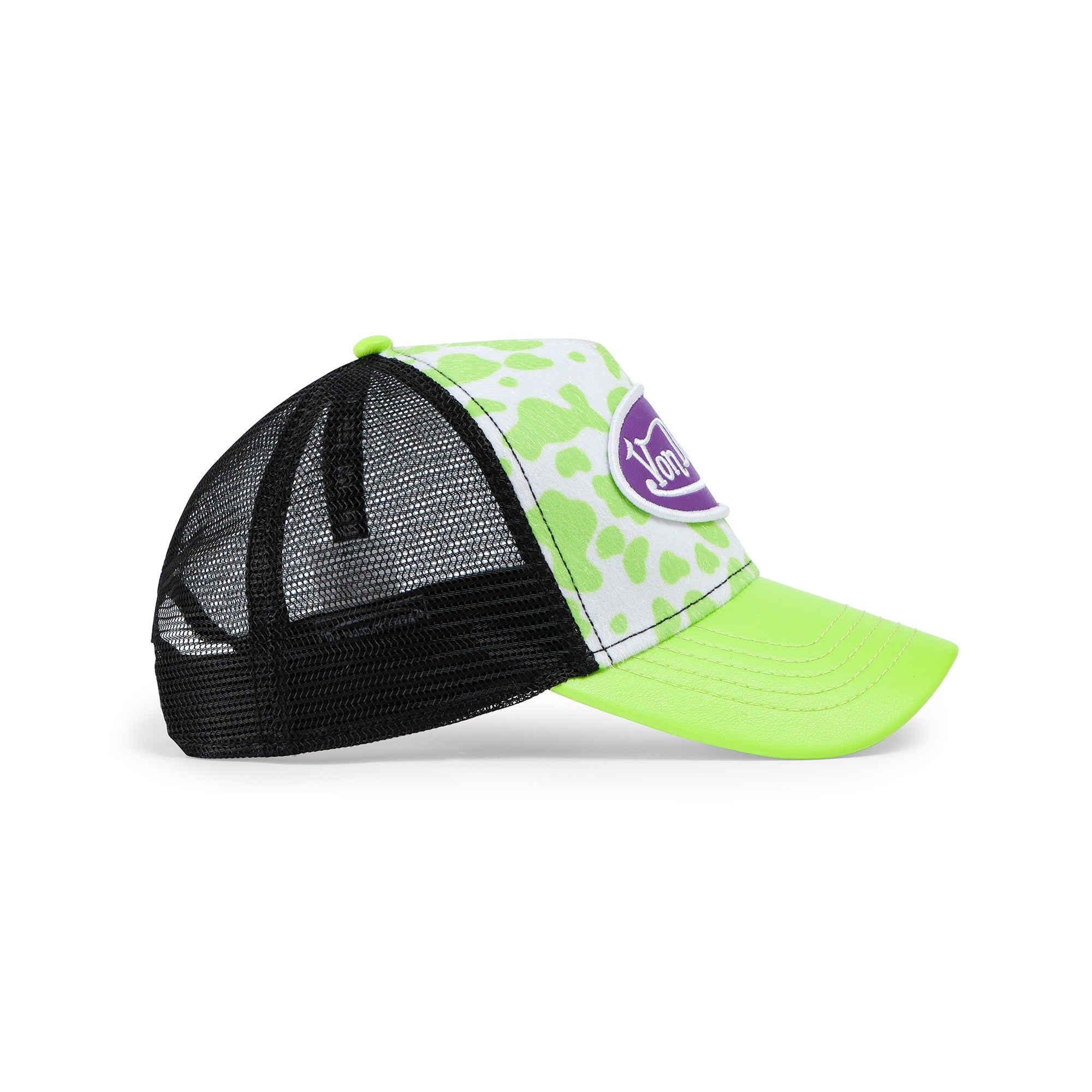 Von Dutch Vegan Pony Hair Trucker Hat -Lime Green Cow Print - Image 3