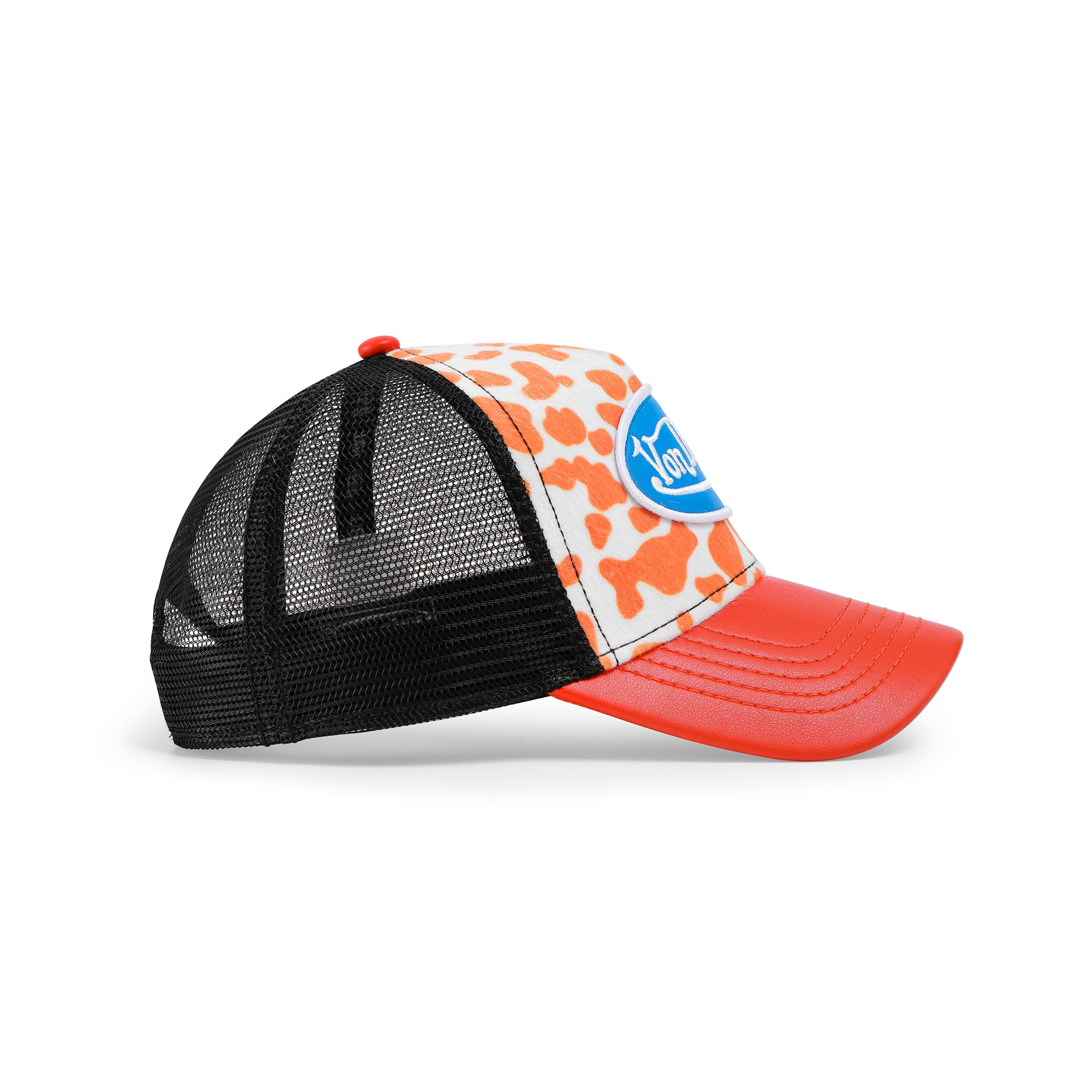 Von Dutch Vegan Pony Hair Trucker Hat -Orange Cow Print - Image 4