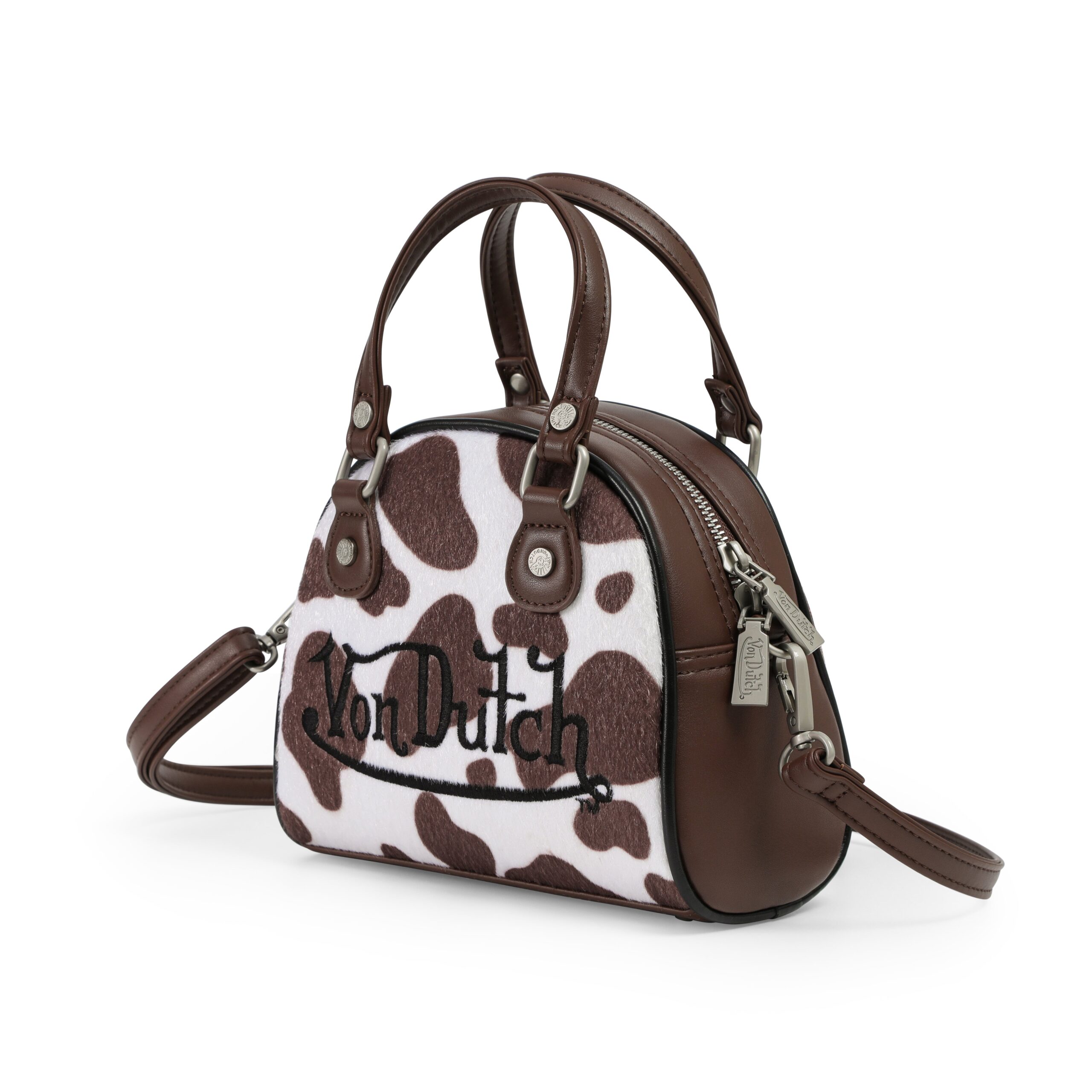Von Dutch Brown & White Cow Print Vegan Pony Hair Bowling Bag - Image 2