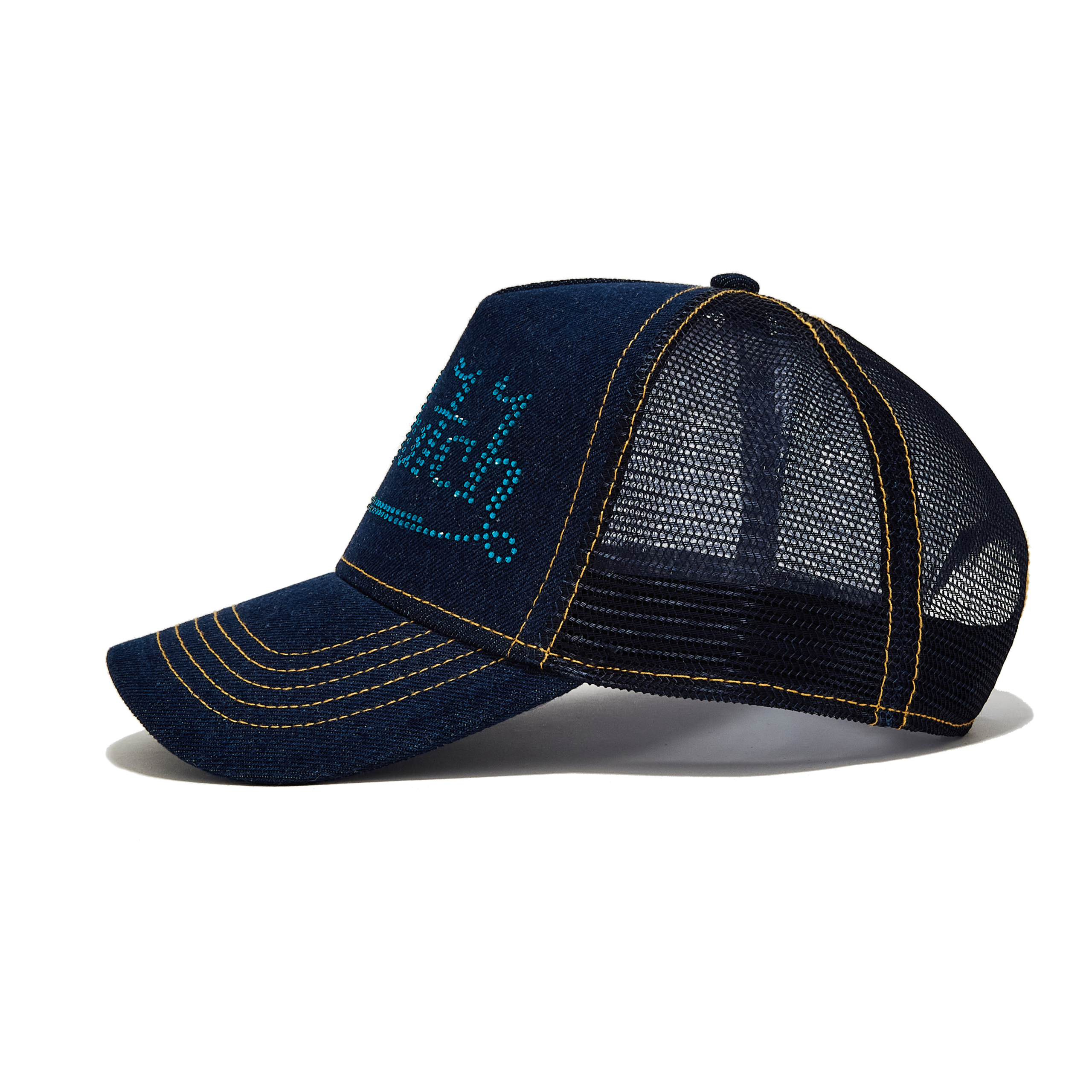 Von Dutch Navy Rhinestone Logo Denim Trucker Hat - Image 2