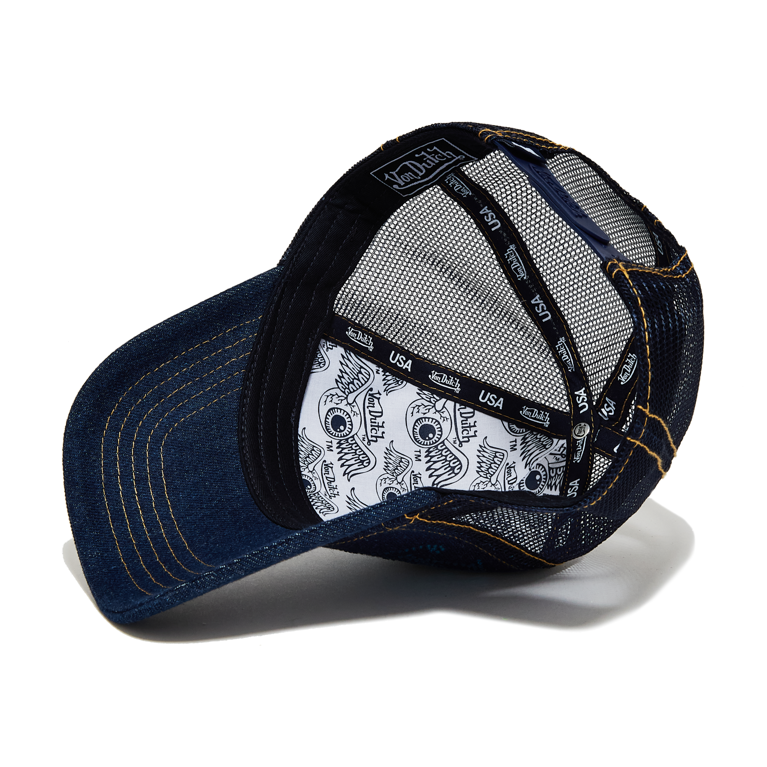 Von Dutch Navy Rhinestone Logo Denim Trucker Hat - Image 4