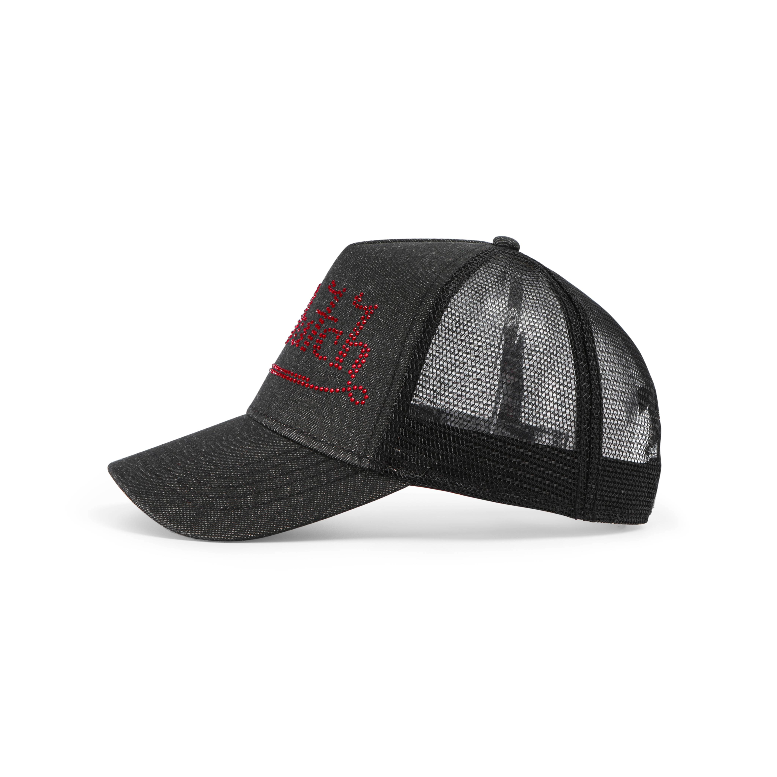 Von Dutch Rhinestone Trucker Hat - Black with Red Rhinestones - Image 2