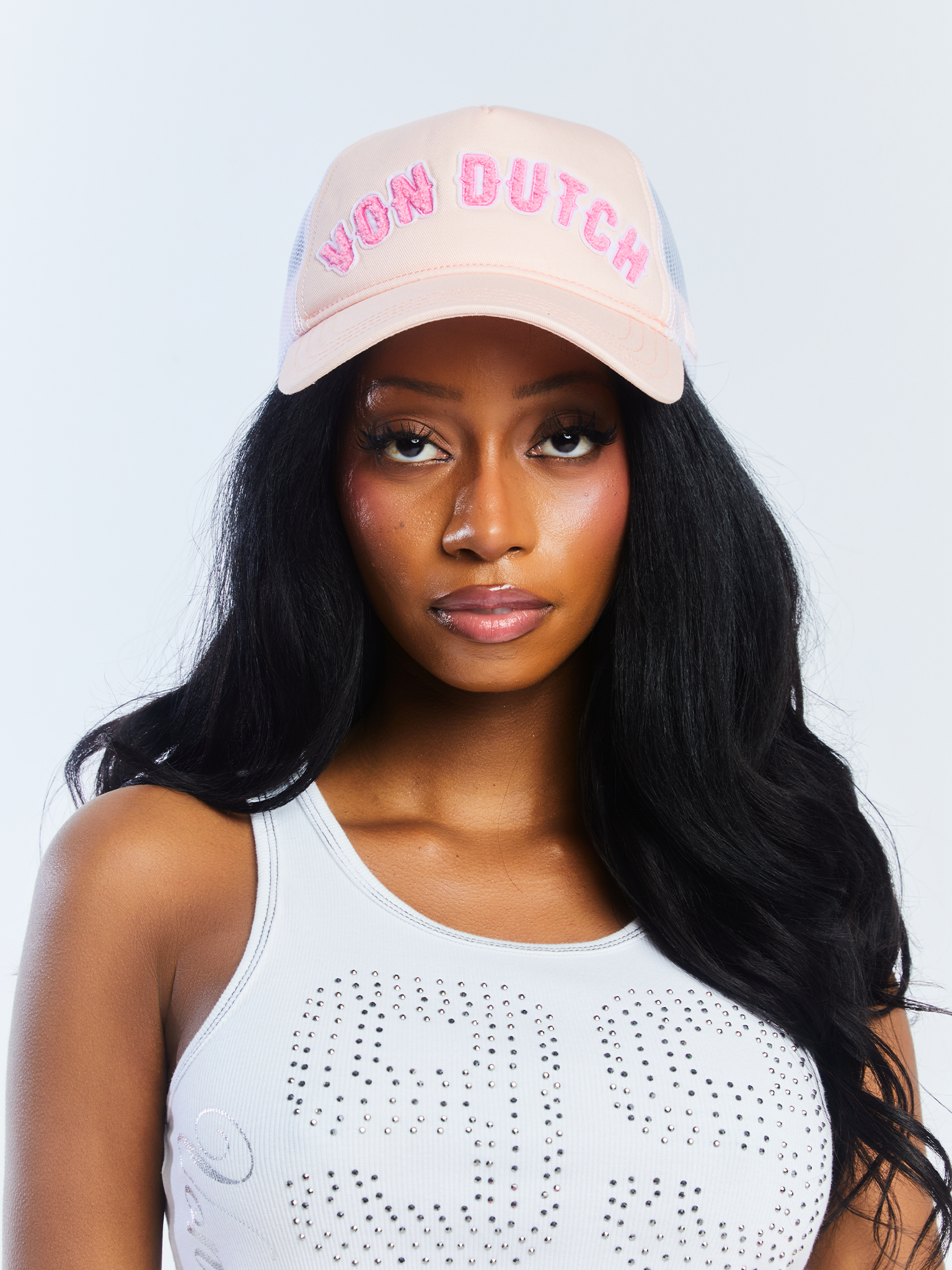 Von Dutch White & Pink Curved Terry Logo Trucker Hat - Image 5