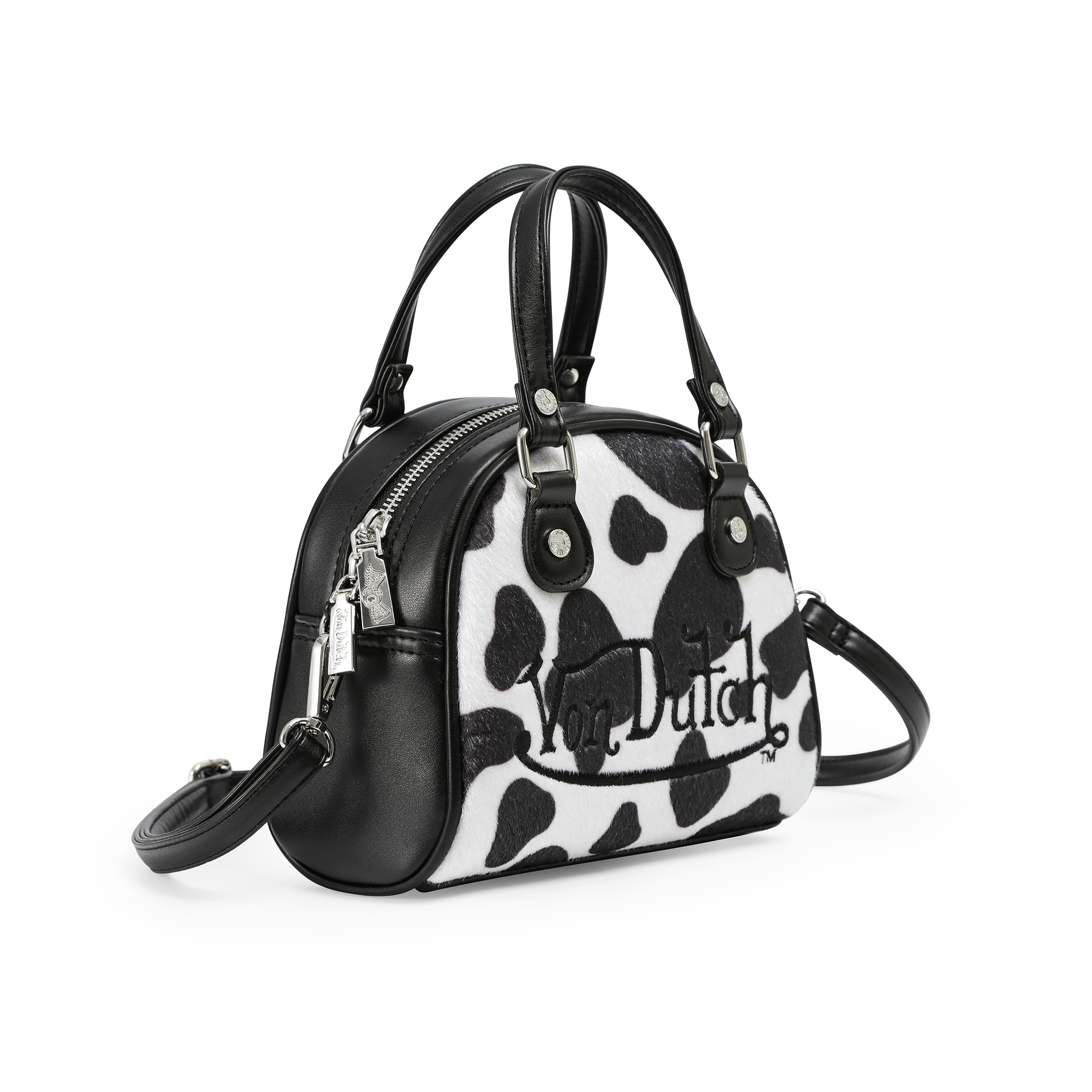 Von Dutch Black & White Cow Print Vegan Pony Hair Bowling Bag - Image 5