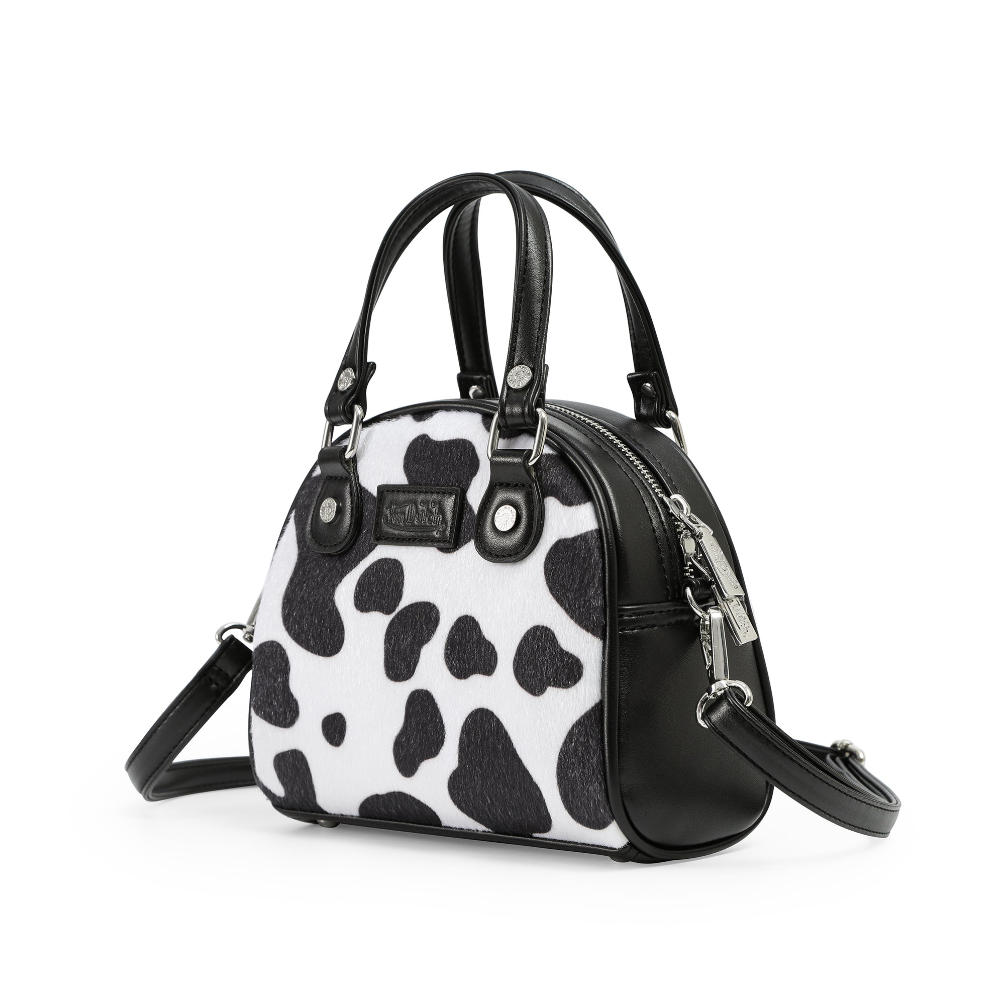 Von Dutch Black & White Cow Print Vegan Pony Hair Bowling Bag - Image 6