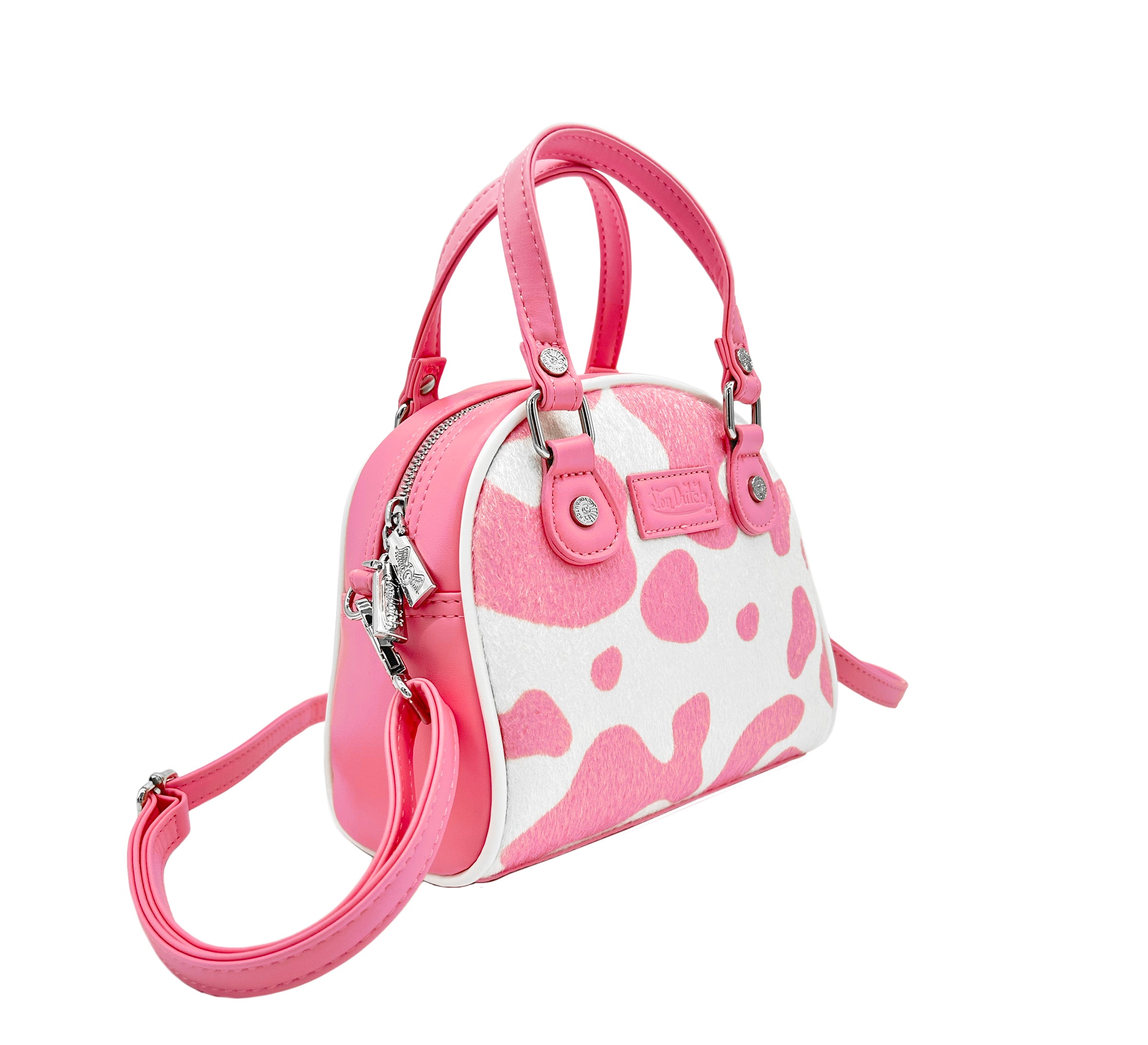 Von Dutch Pink & White Cow Print Vegan Pony Hair Bowling Bag - Image 4