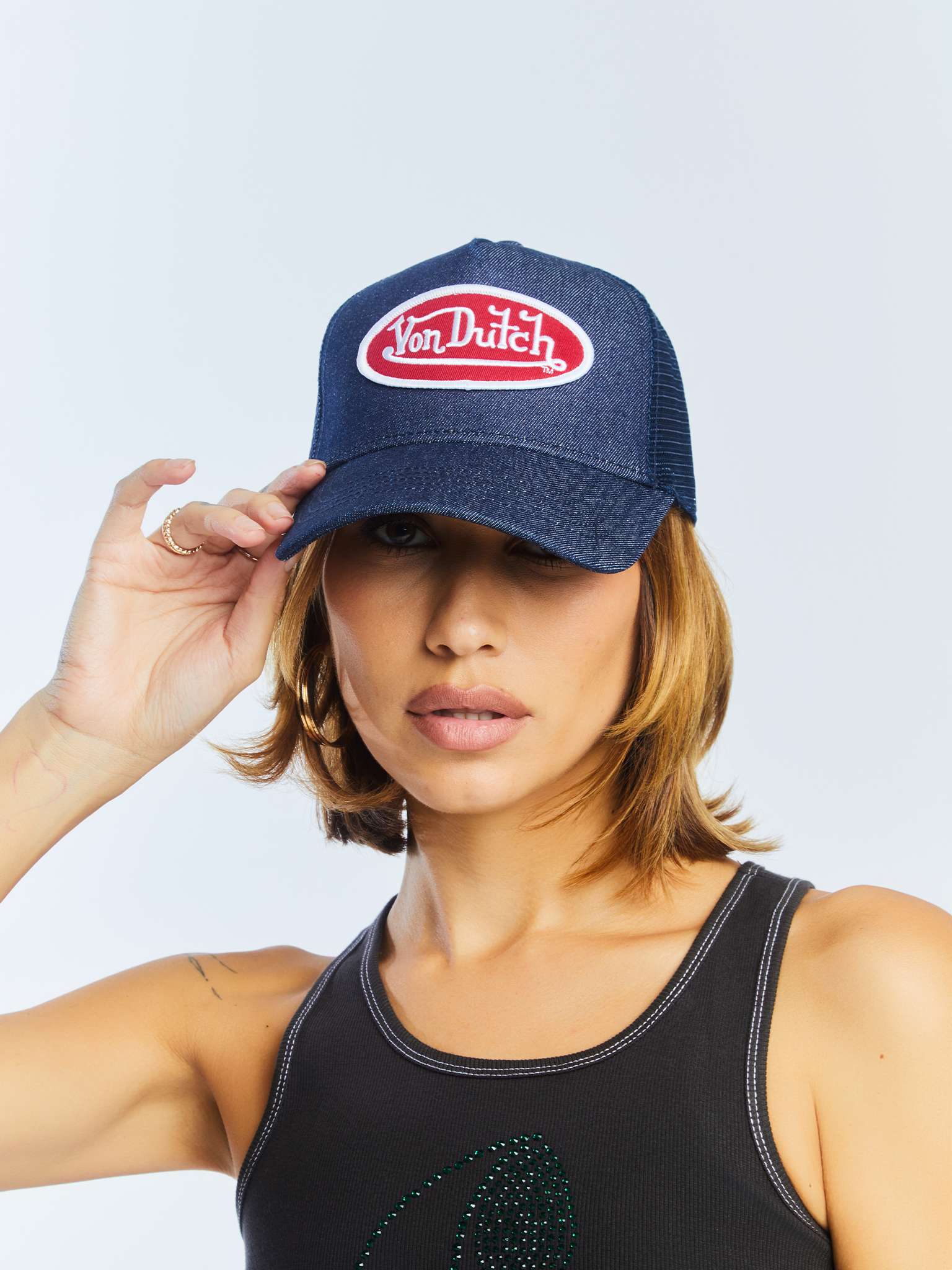 Von Dutch Dark Denim with Red & White Logo Trucker Hat - Image 5