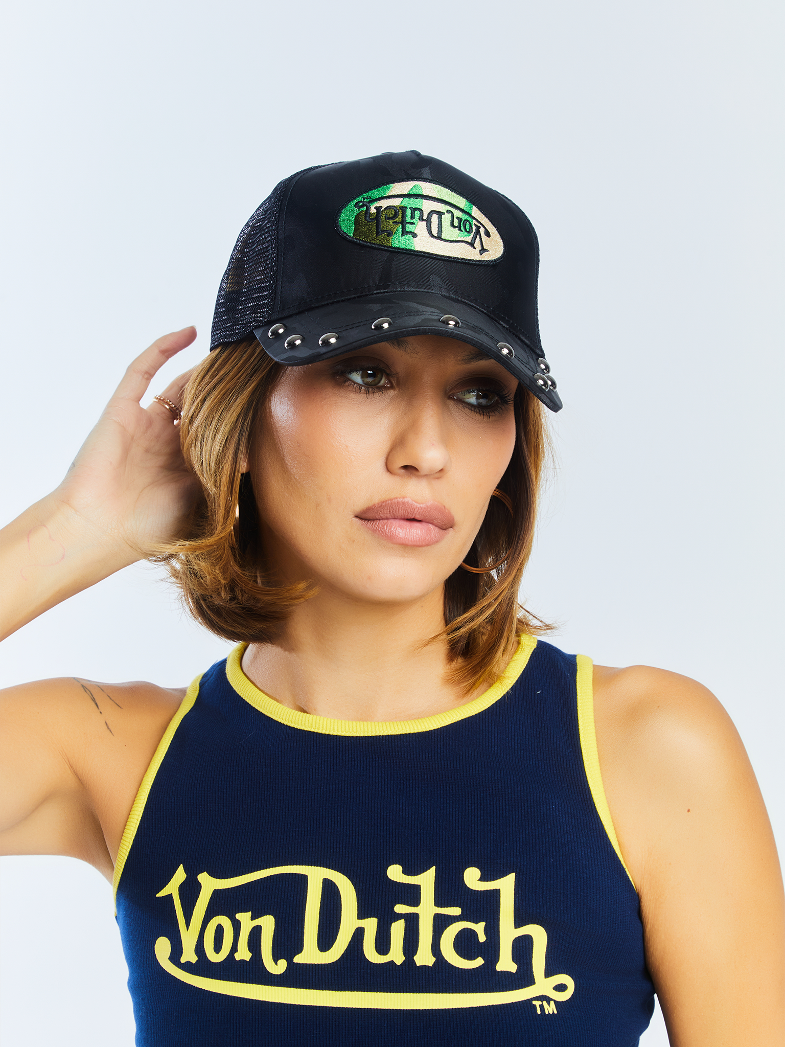Von Dutch 415 Black & Green Studded Trucker Hat - Image 4