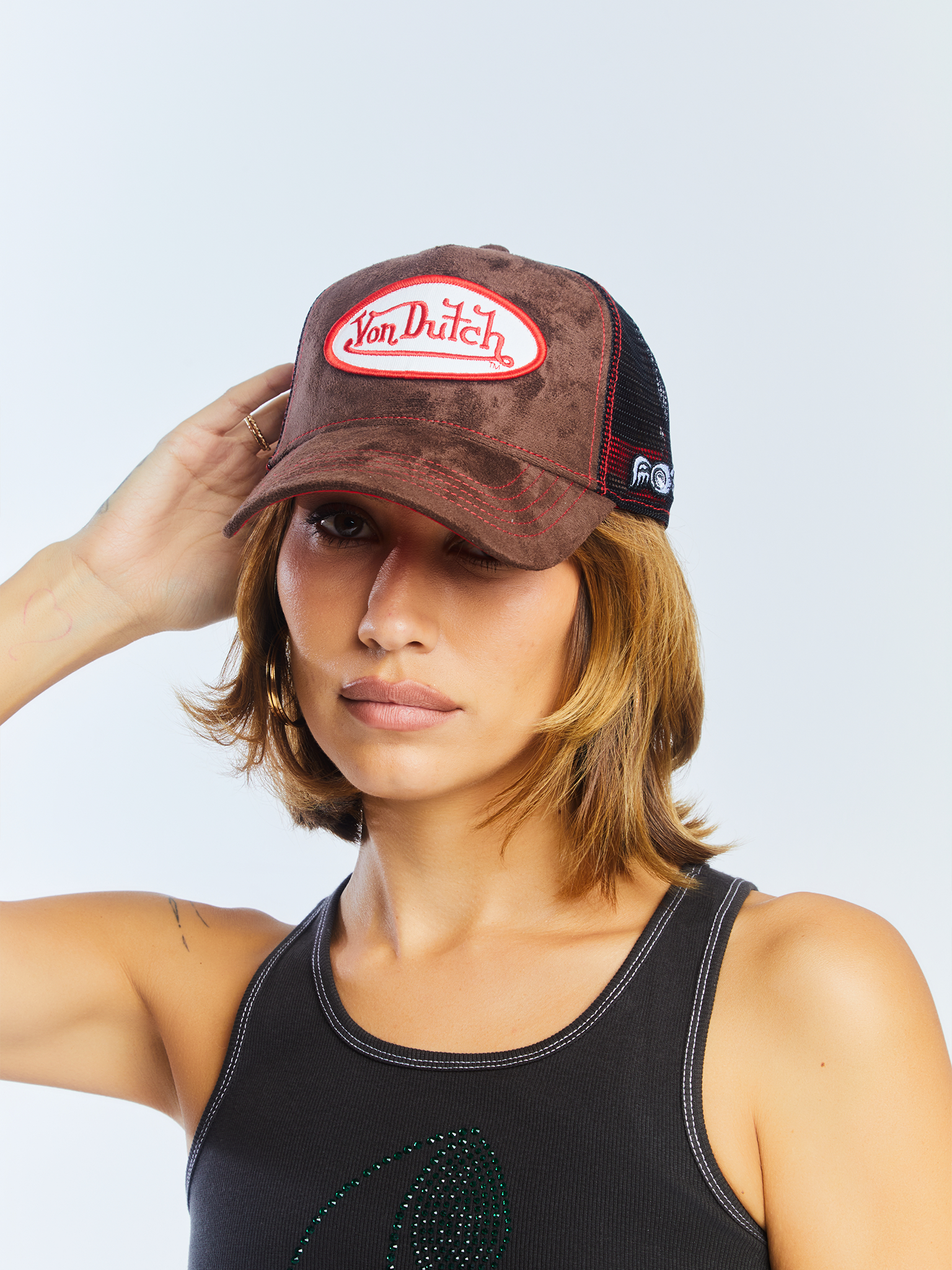 Von Dutch Brown & Red Velvet Trucker Hat - Image 6