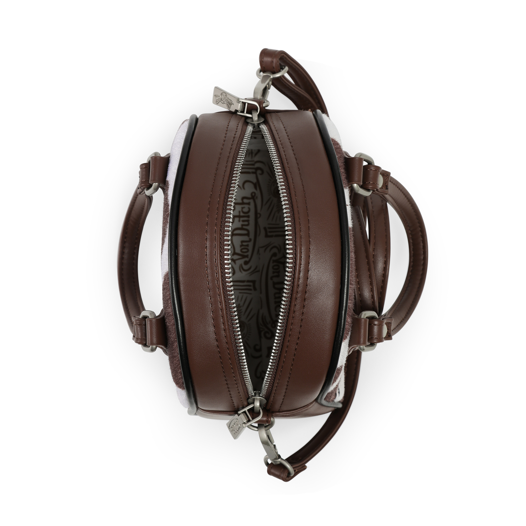 Von Dutch Brown & White Cow Print Vegan Pony Hair Bowling Bag - Image 5