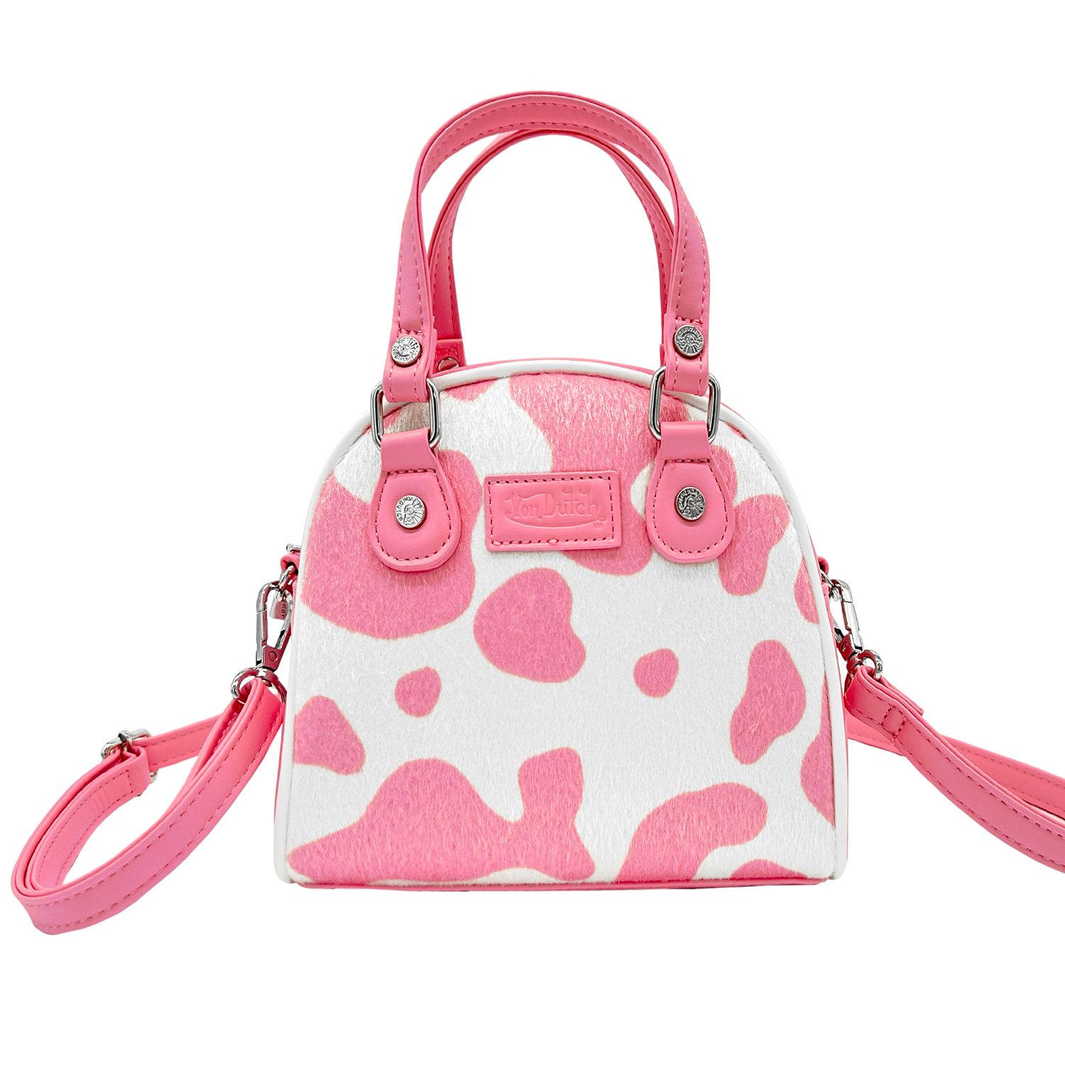 Von Dutch Pink & White Cow Print Vegan Pony Hair Bowling Bag - Image 2