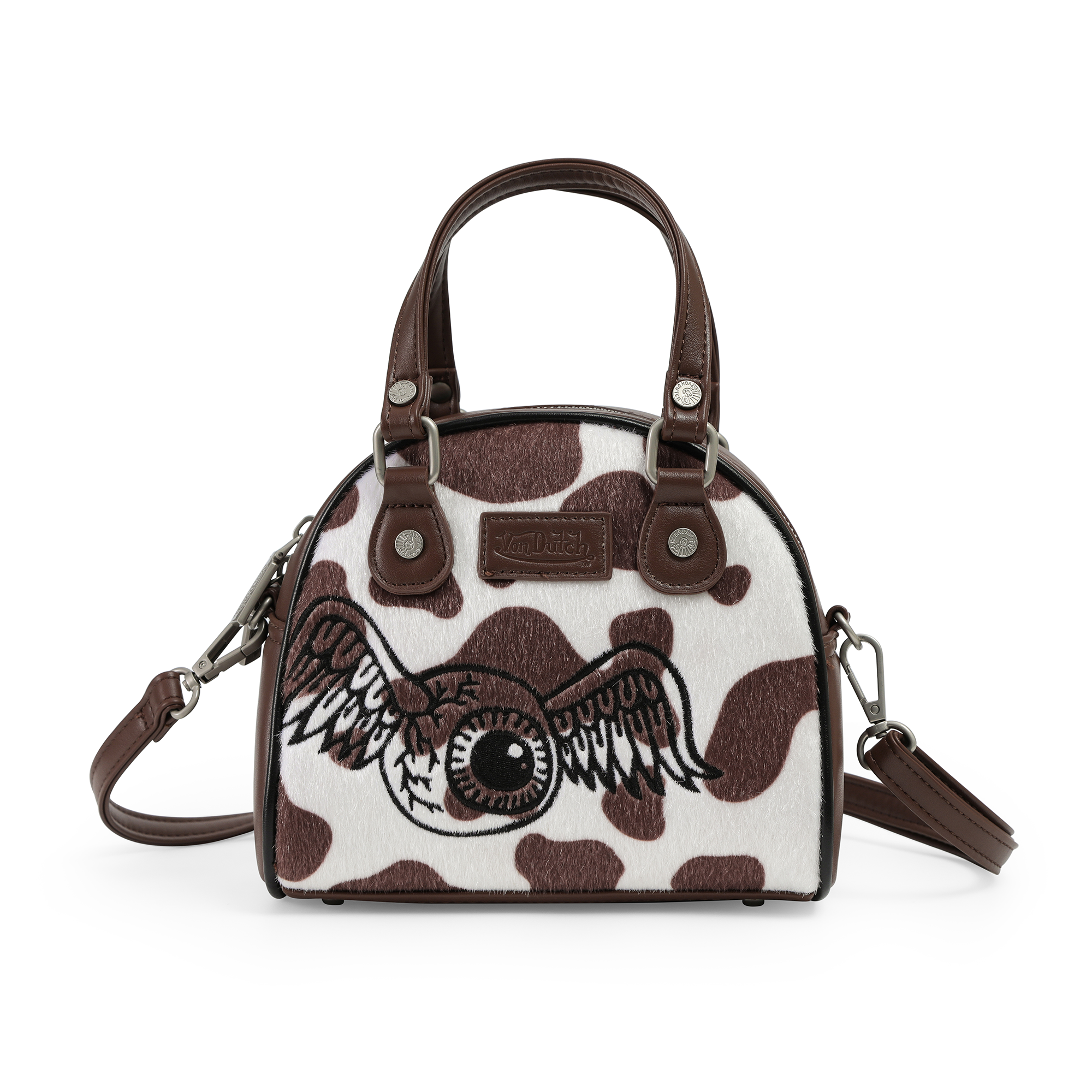 Von Dutch Brown & White Cow Print Vegan Pony Hair Bowling Bag - Image 3