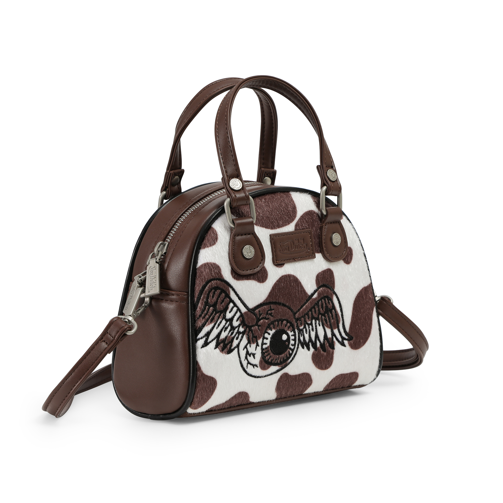 Von Dutch Brown & White Cow Print Vegan Pony Hair Bowling Bag - Image 6