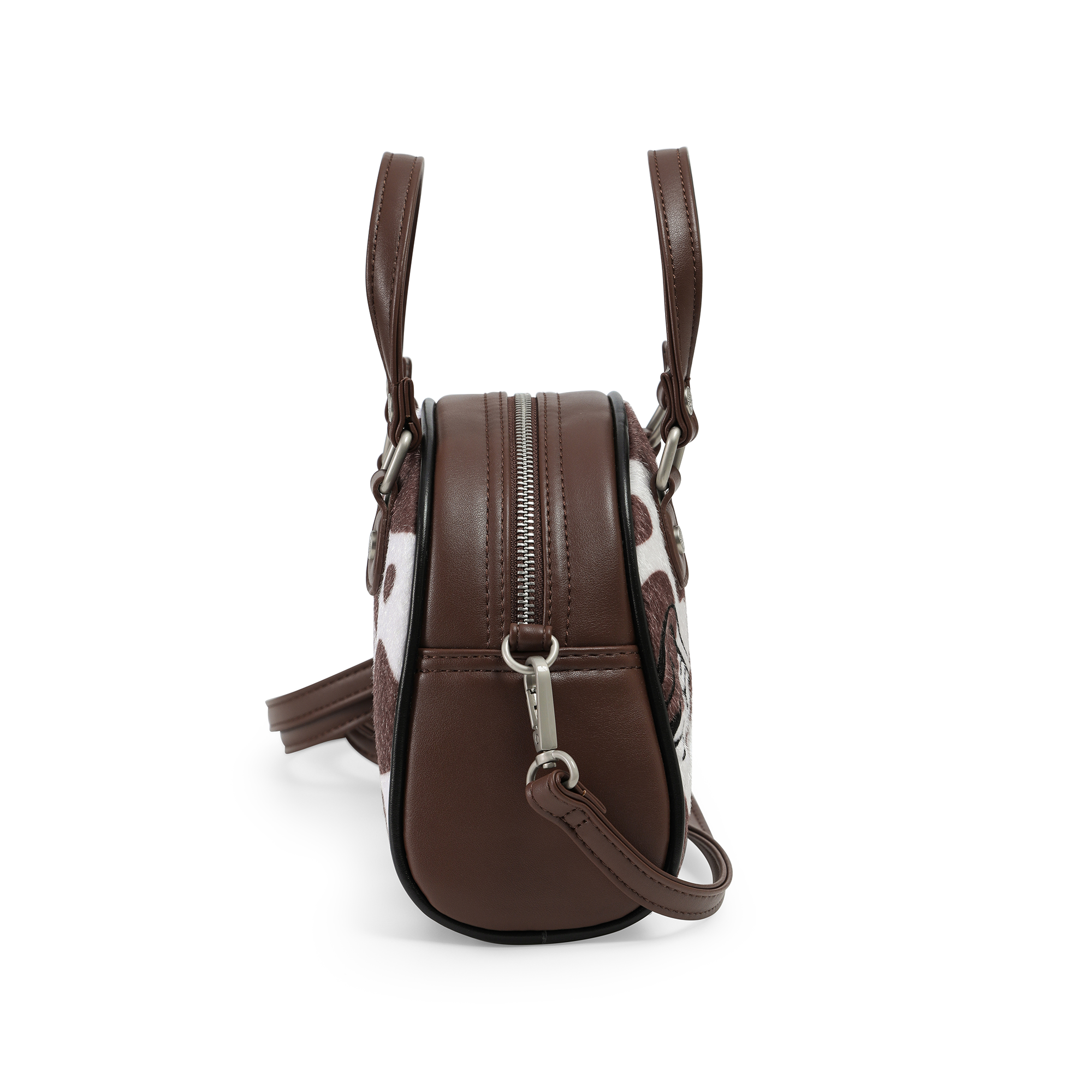 Von Dutch Brown & White Cow Print Vegan Pony Hair Bowling Bag - Image 7